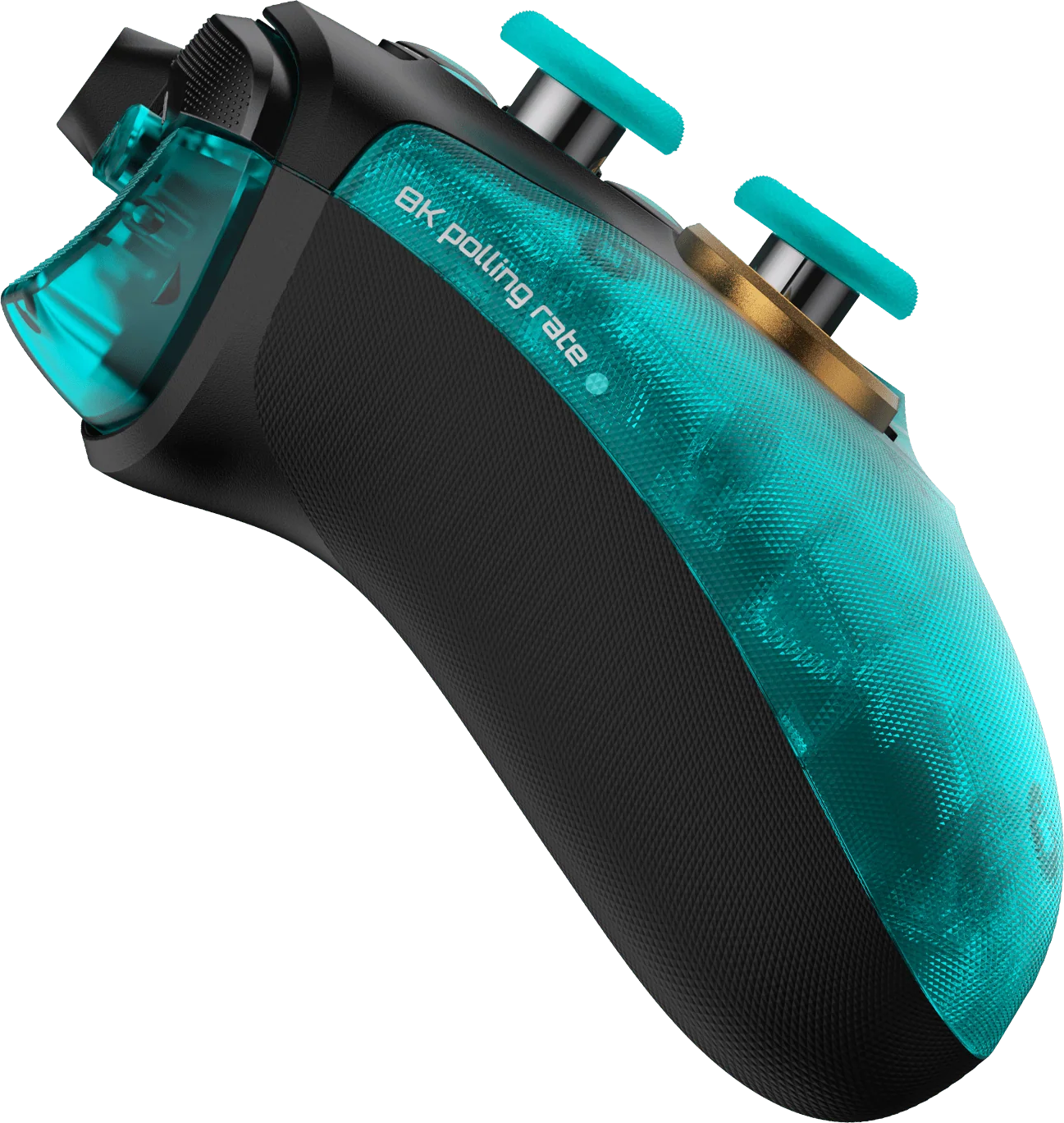 Ein schwarzer und türkisfarbener Gaming-Controller mit durchscheinenden türkisfarbenen Akzenten und Golddetails.
