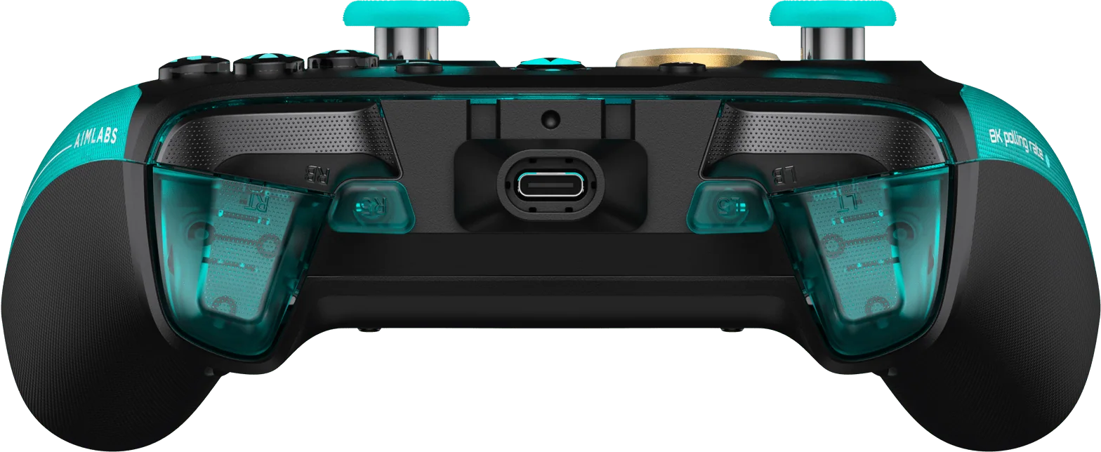 Ein schwarzer Gaming-Controller mit türkisen Akzenten und transparenten Seiten.