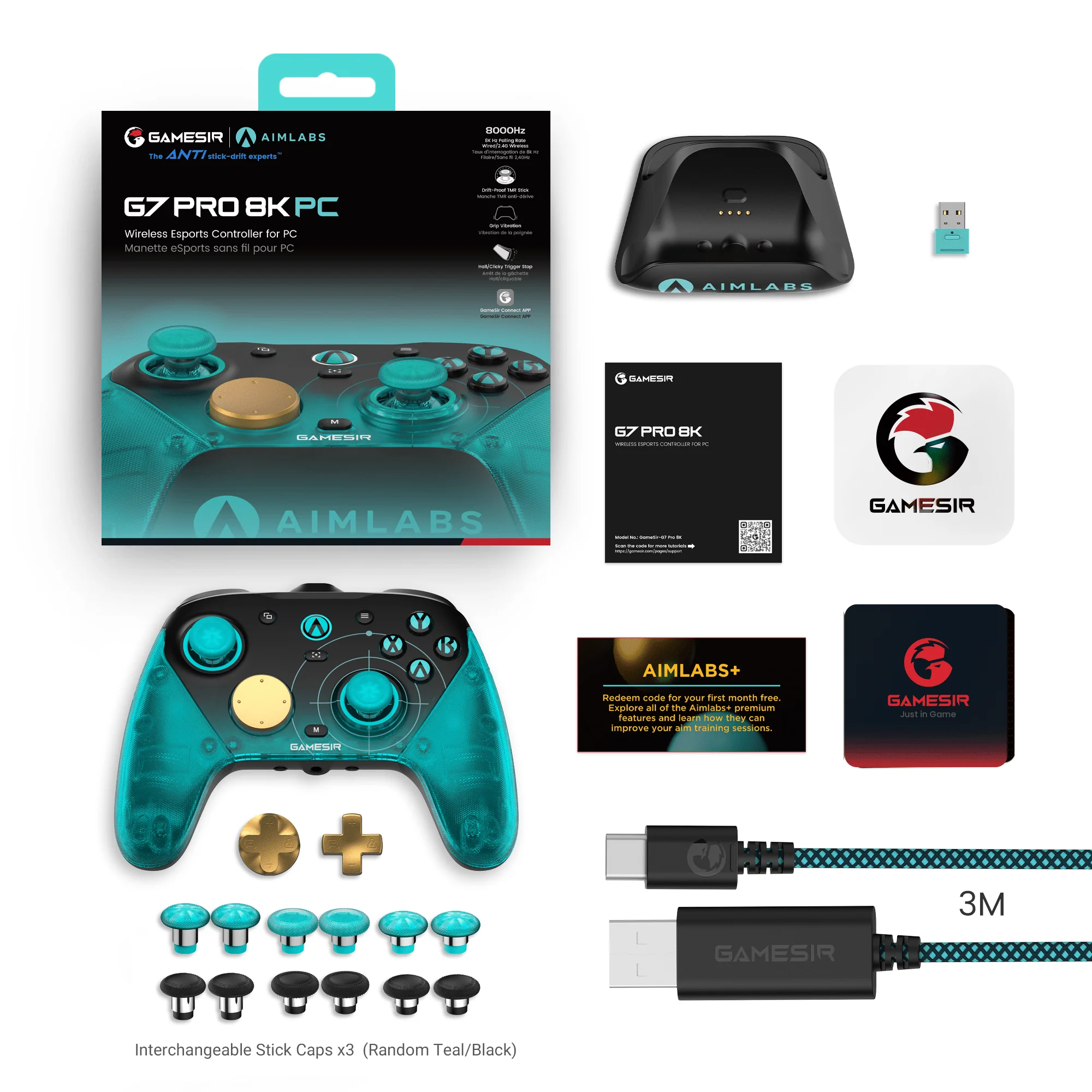 Ein teal-transparenter GameSir G7 Pro 8K PC-Controller mit Gold-Akzenten, Zubehör und Kabeln.