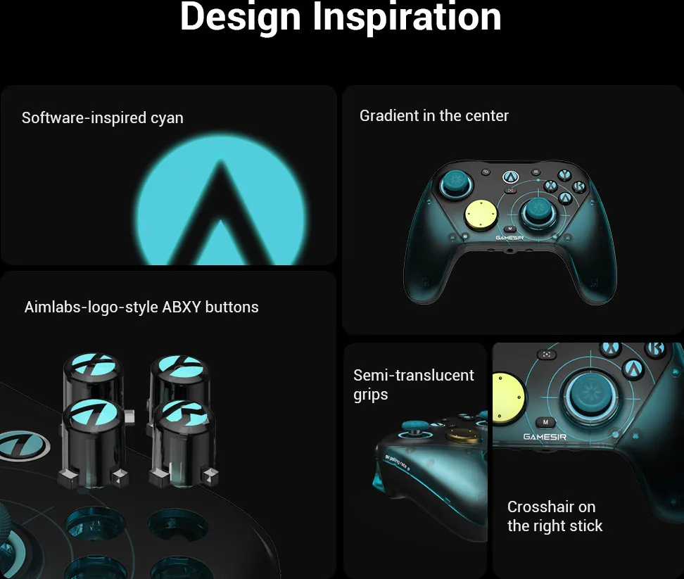 Spiele-Controller-Design-Inspiration: cyanfarbenes Logo, ABXY-Tasten, Farbverlauf, durchscheinende Griffe, Fadenkreuz auf rechtem Stick.