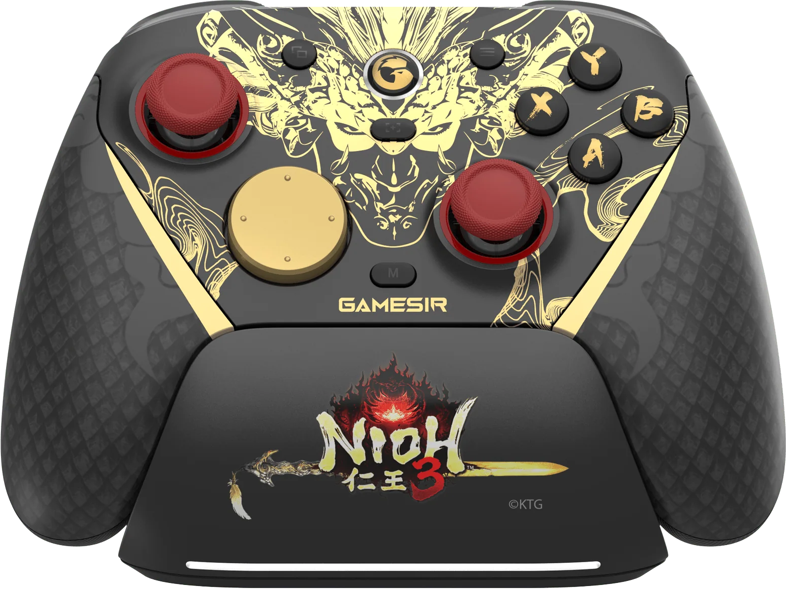 Schwarzer Gaming-Controller mit goldenem Drachenmotiv, roten und goldenen Bedienelementen.