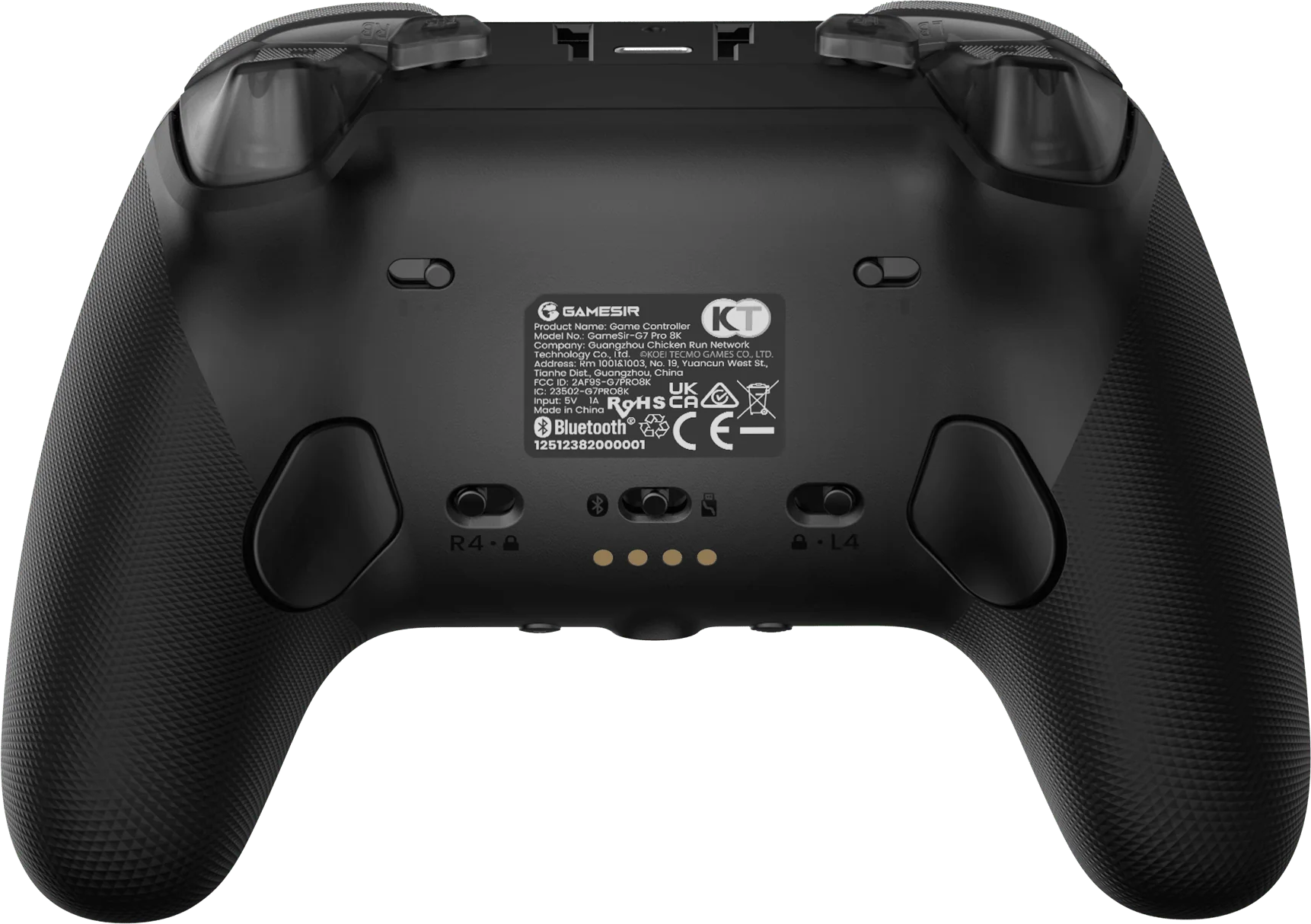 Rückseite eines schwarzen GameSir G7 Pro 8K Controllers mit Produktinformationen.