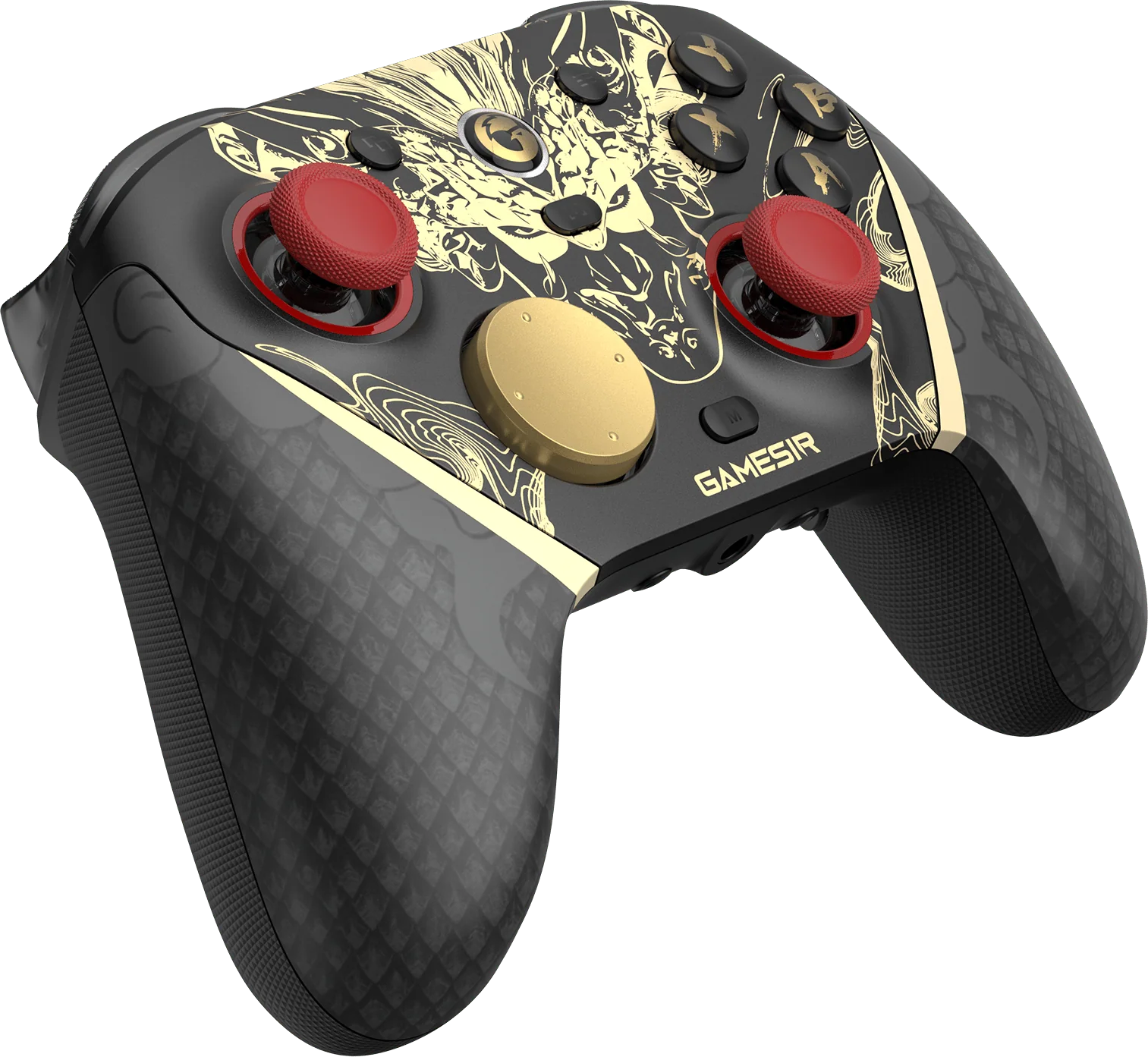 Ein schwarzer Gaming-Controller mit goldenen Verzierungen und roten Joysticks.