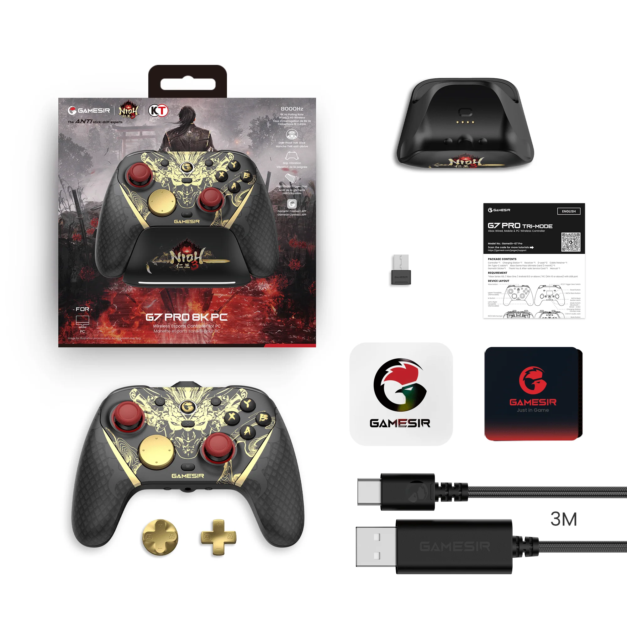 Gaming-Controller-Zubehör mit Ladehalterung, Anleitung, Kabeln und Ersatzteilen.
