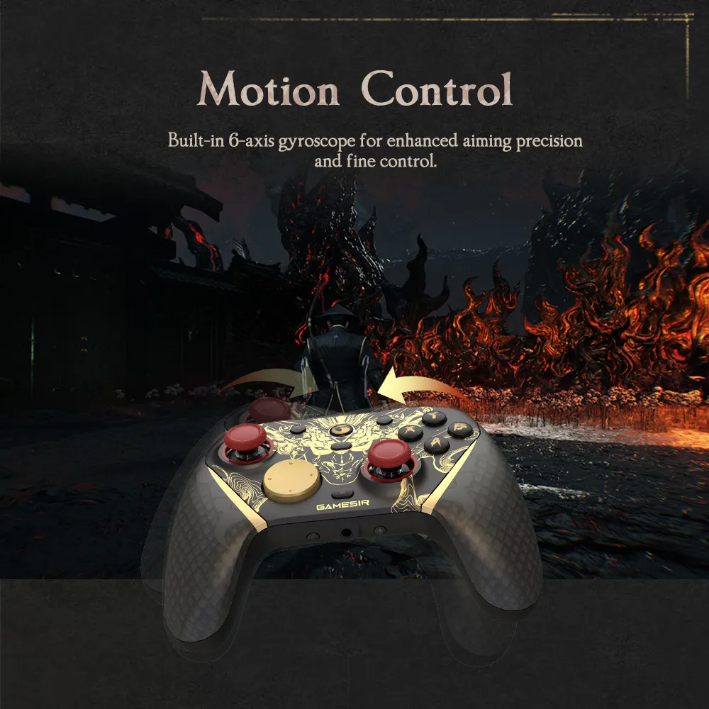 Ein Gamecontroller mit Gold- und roten Akzenten vor einer düsteren Spielszene mit Flammen.