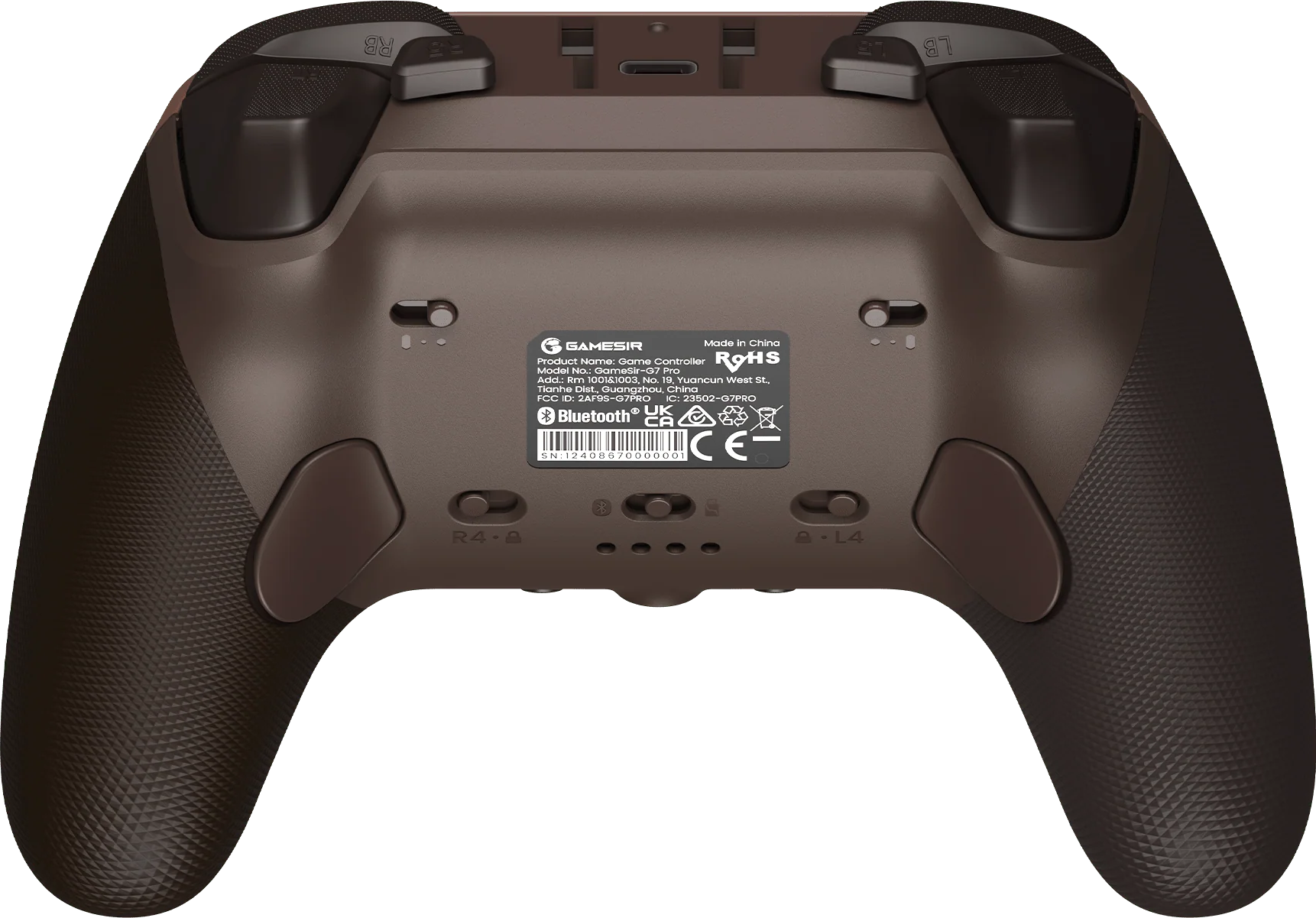 Vista posteriore di un controller di gioco marrone con etichette e interruttori.