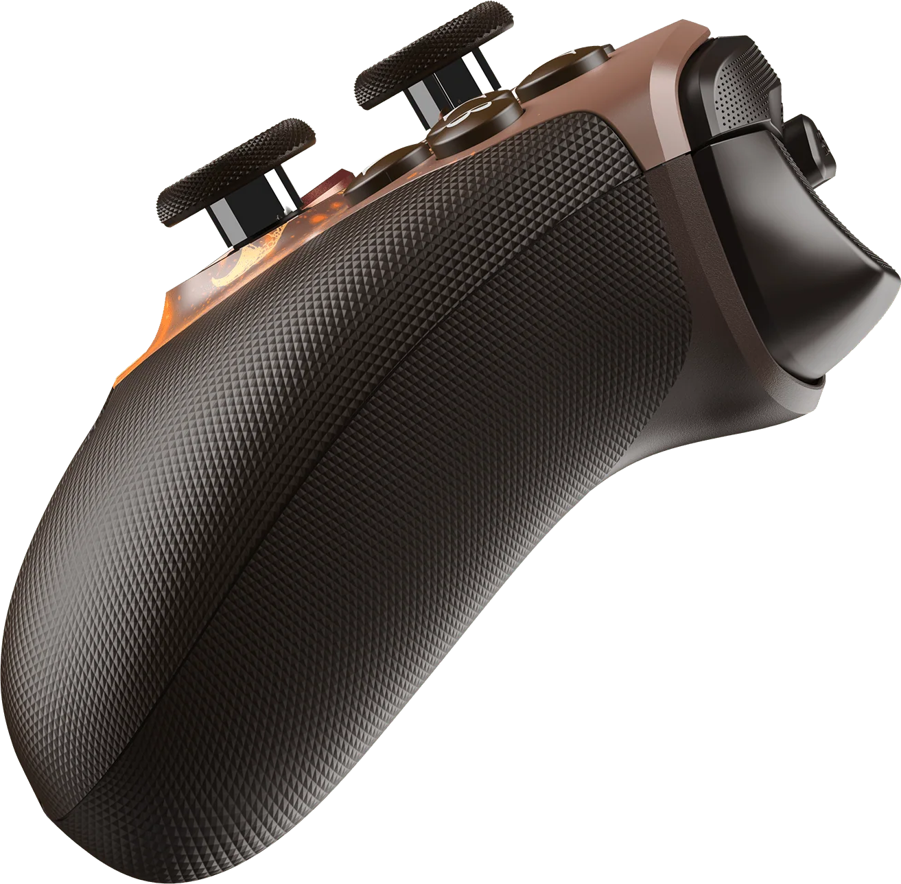 Un controller scuro con accenti bronzo e impugnatura a rombi.