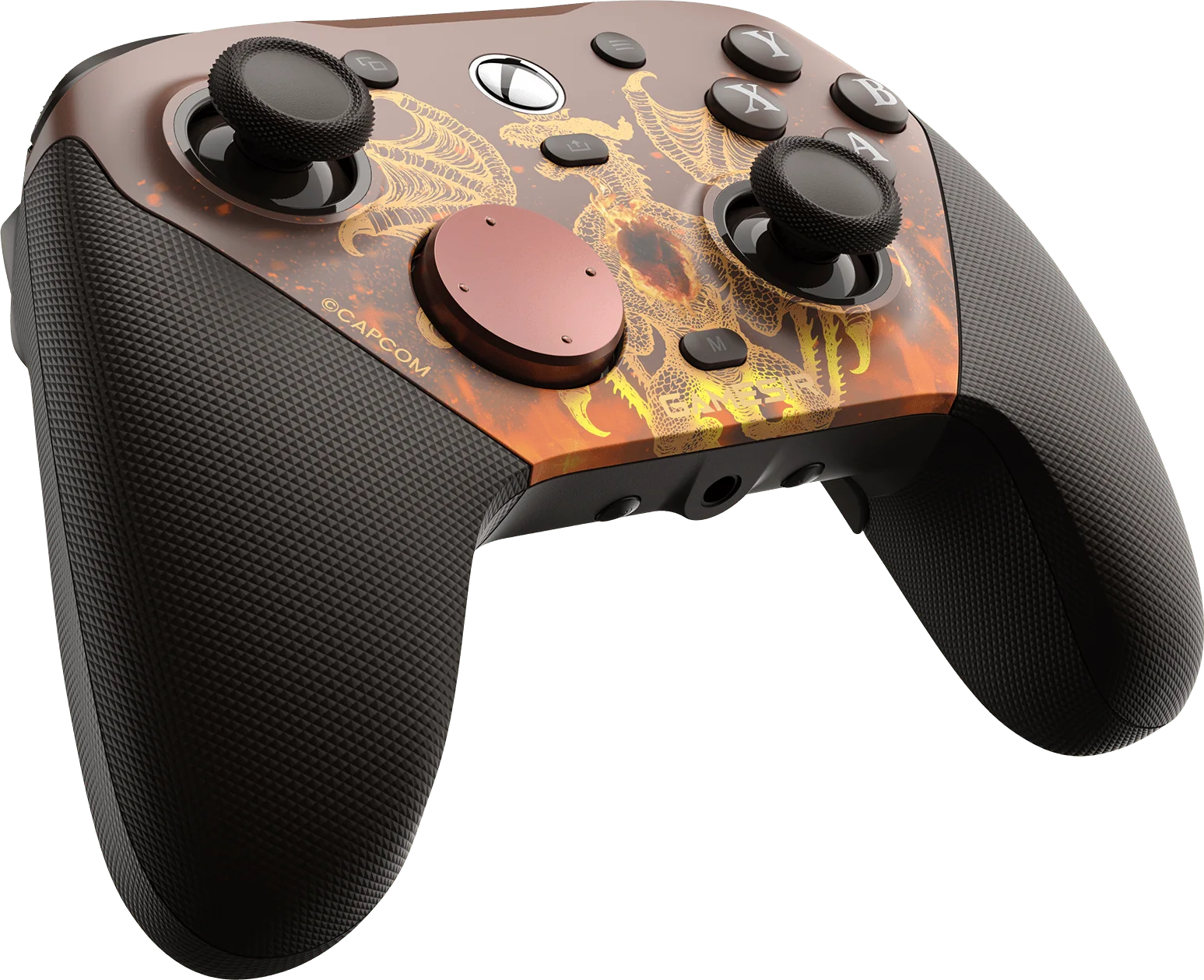 Un controller marrone con design a drago e impugnature nere.