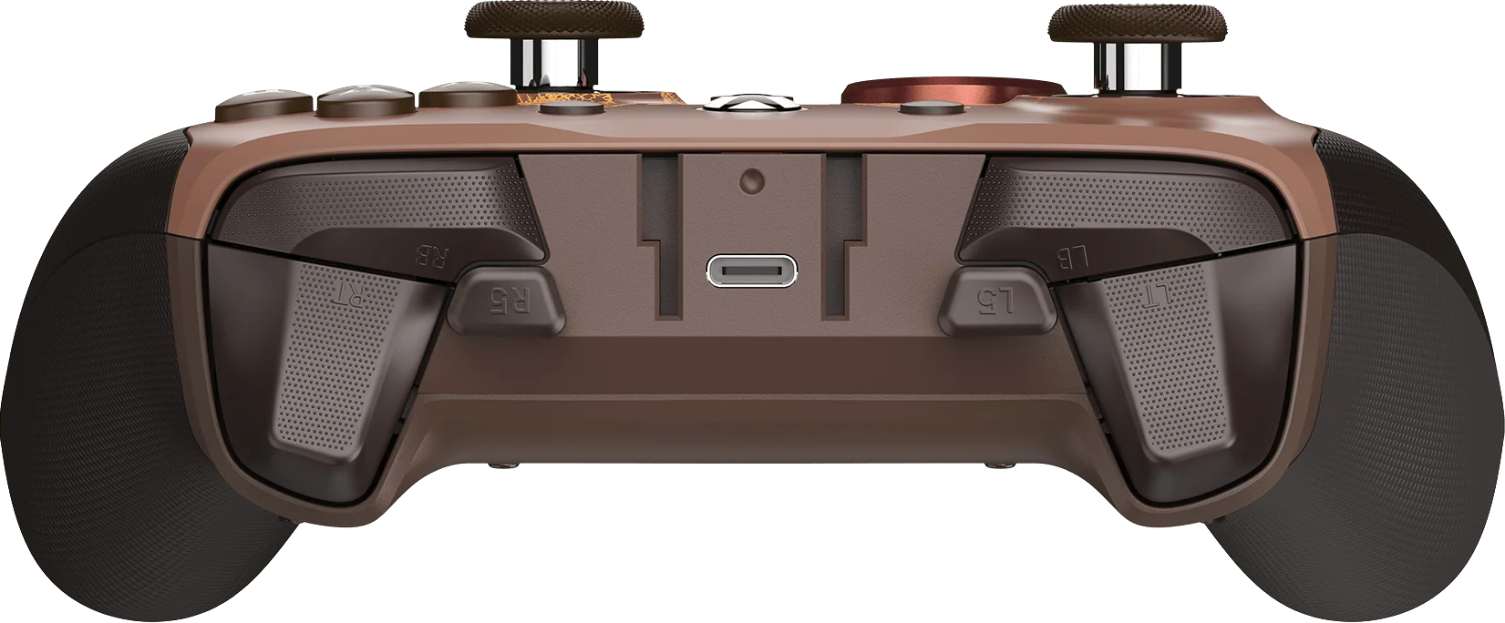 Un controller marrone e nero con porta USB-C e pulsanti.