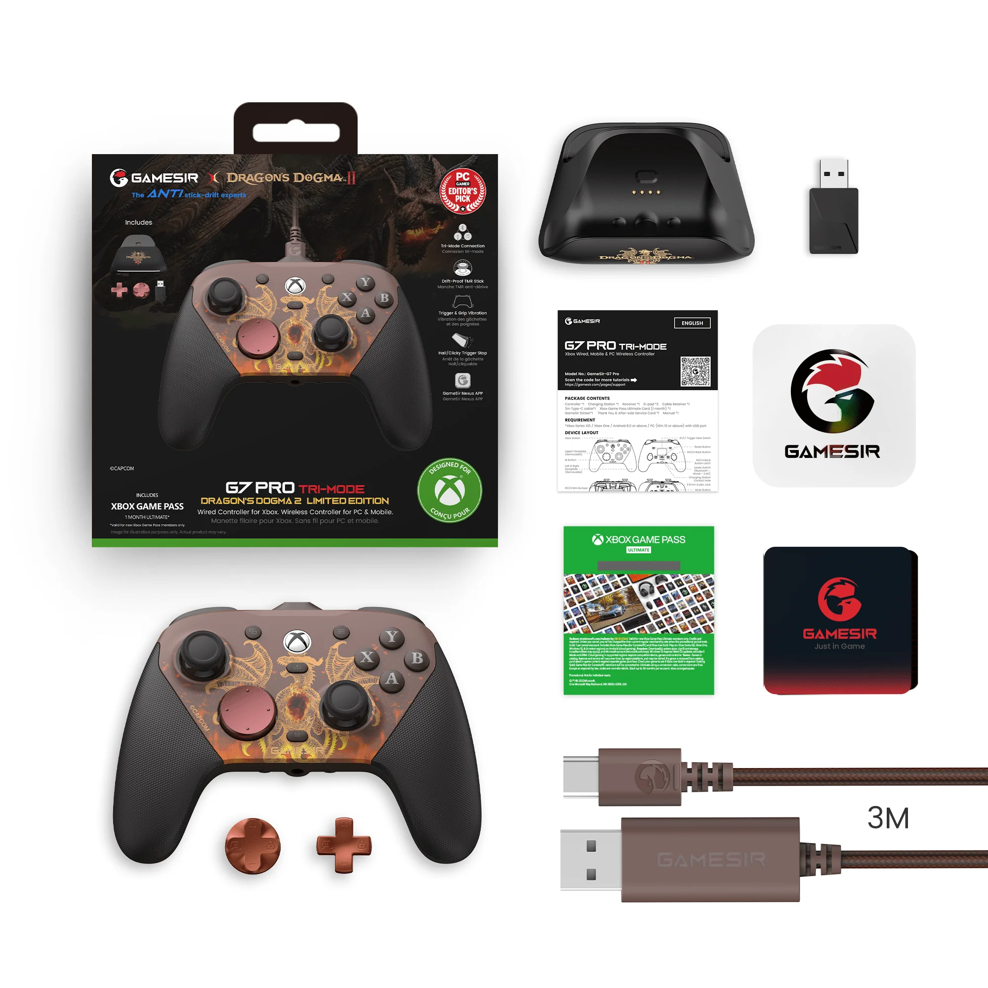 Un bundle di controller a tema Dragon's Dogma con base di ricarica, dongle USB, cavo e scheda Game Pass.