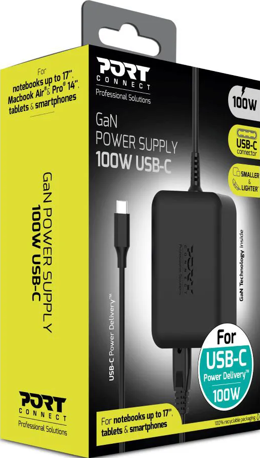 Alimentatore nero con cavo USB-C per laptop, tablet, smartphone.