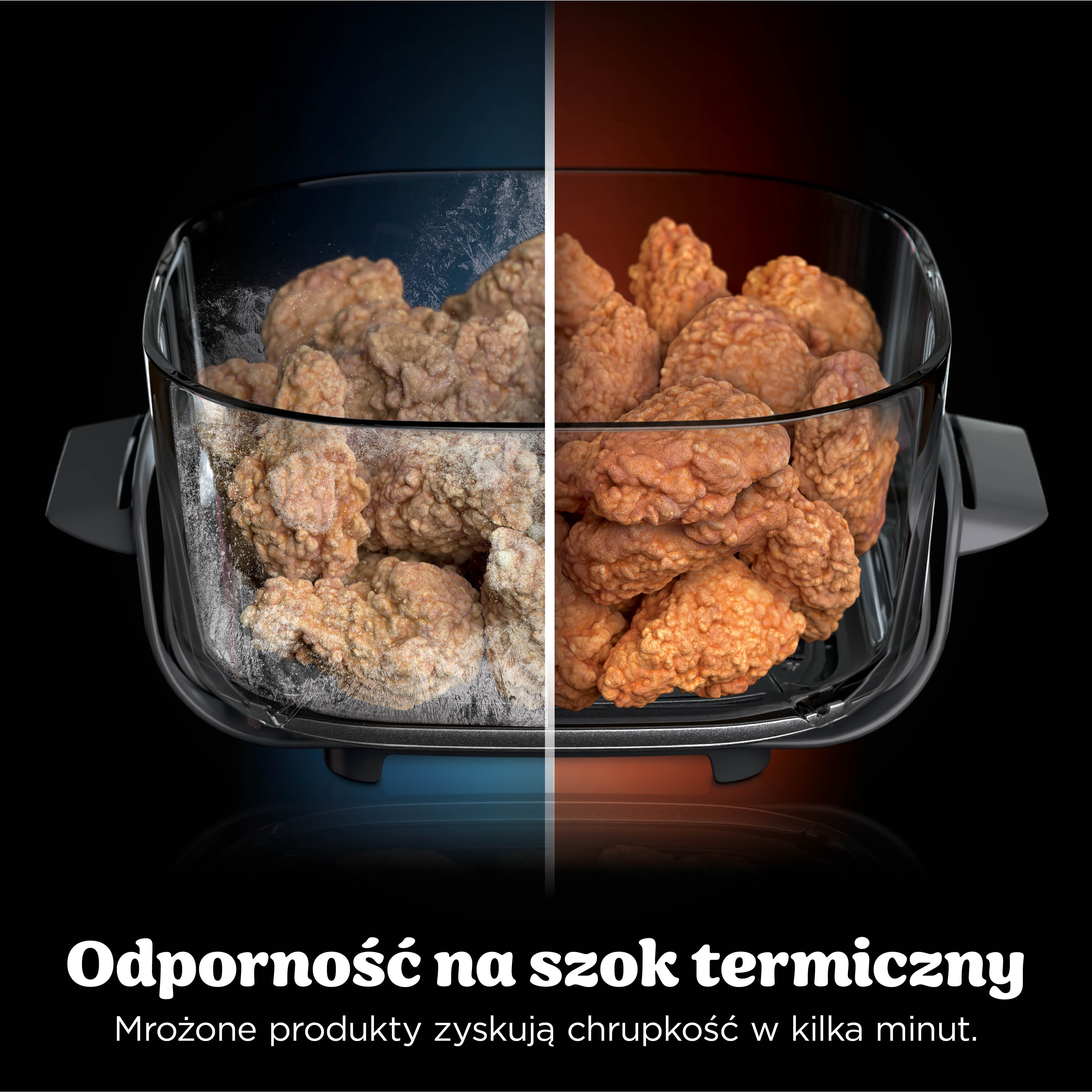 Mrożona żywność w szklanym pojemniku, po lewej surowa, po prawej smażona.