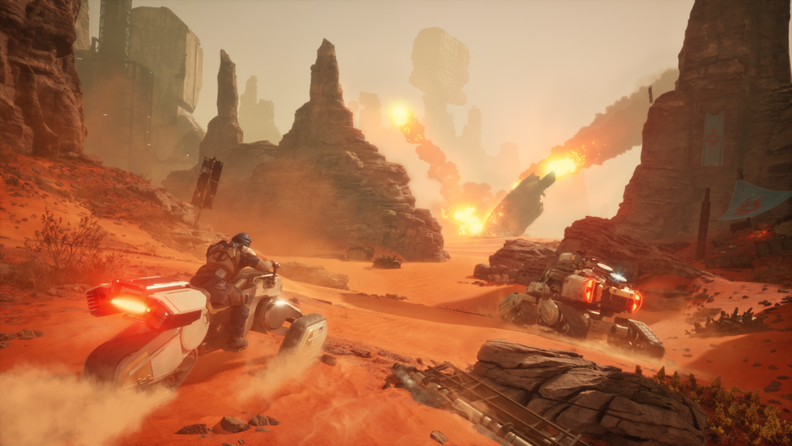 Sci-Fi Wüste mit Fahrzeugen, Explosionen und Ruinen im Hintergrund.