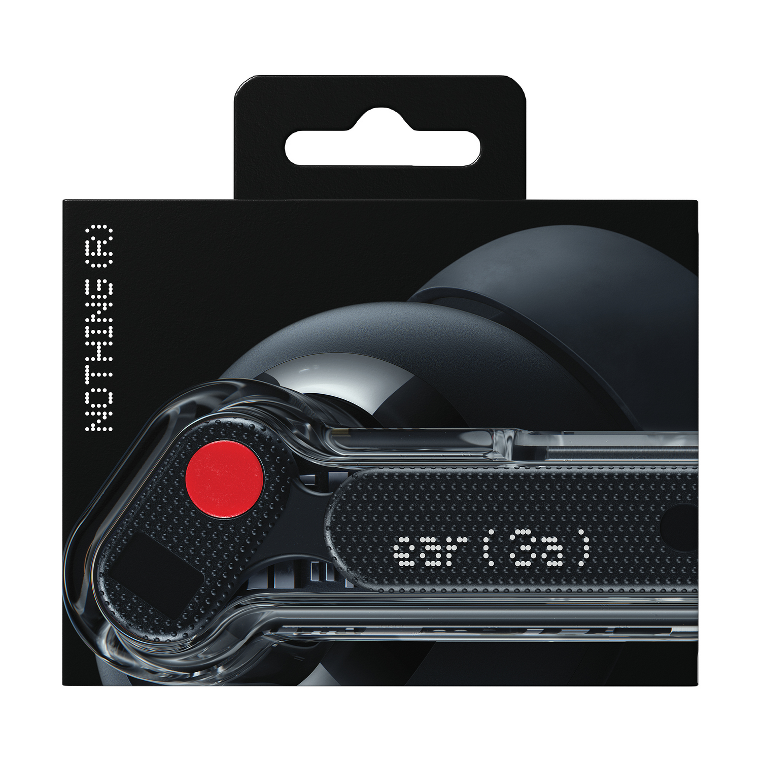 Auriculares en caja, cartón negro, texto blanco, acentos rojos.