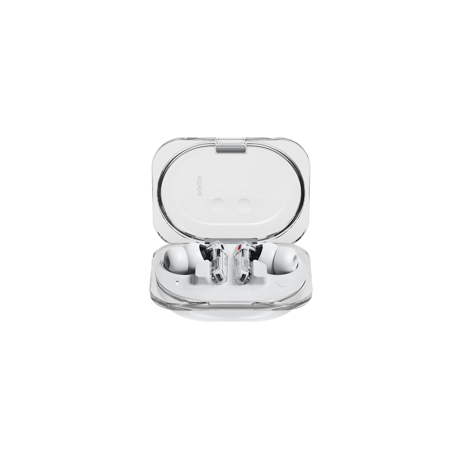 Auriculares blancos en un estuche de carga transparente, sobre fondo blanco.