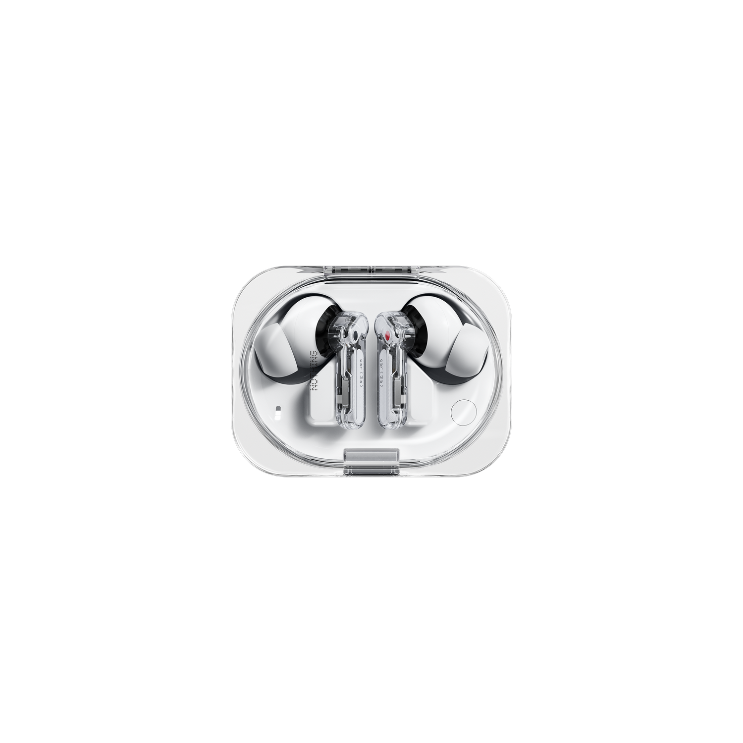 Auriculares blancos con estuche de carga transparente sobre fondo gris.