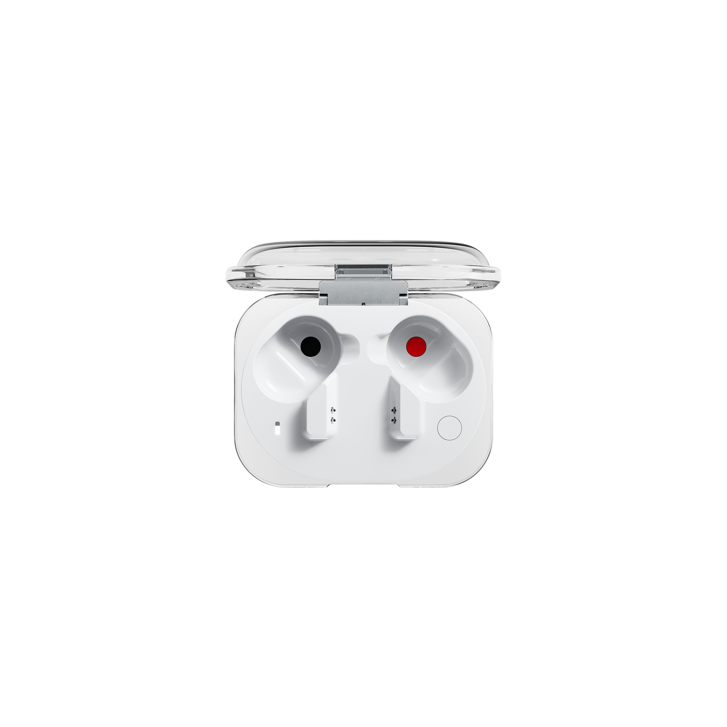 Auriculares blancos en un estuche de carga abierto. Acentos negros y rojos.