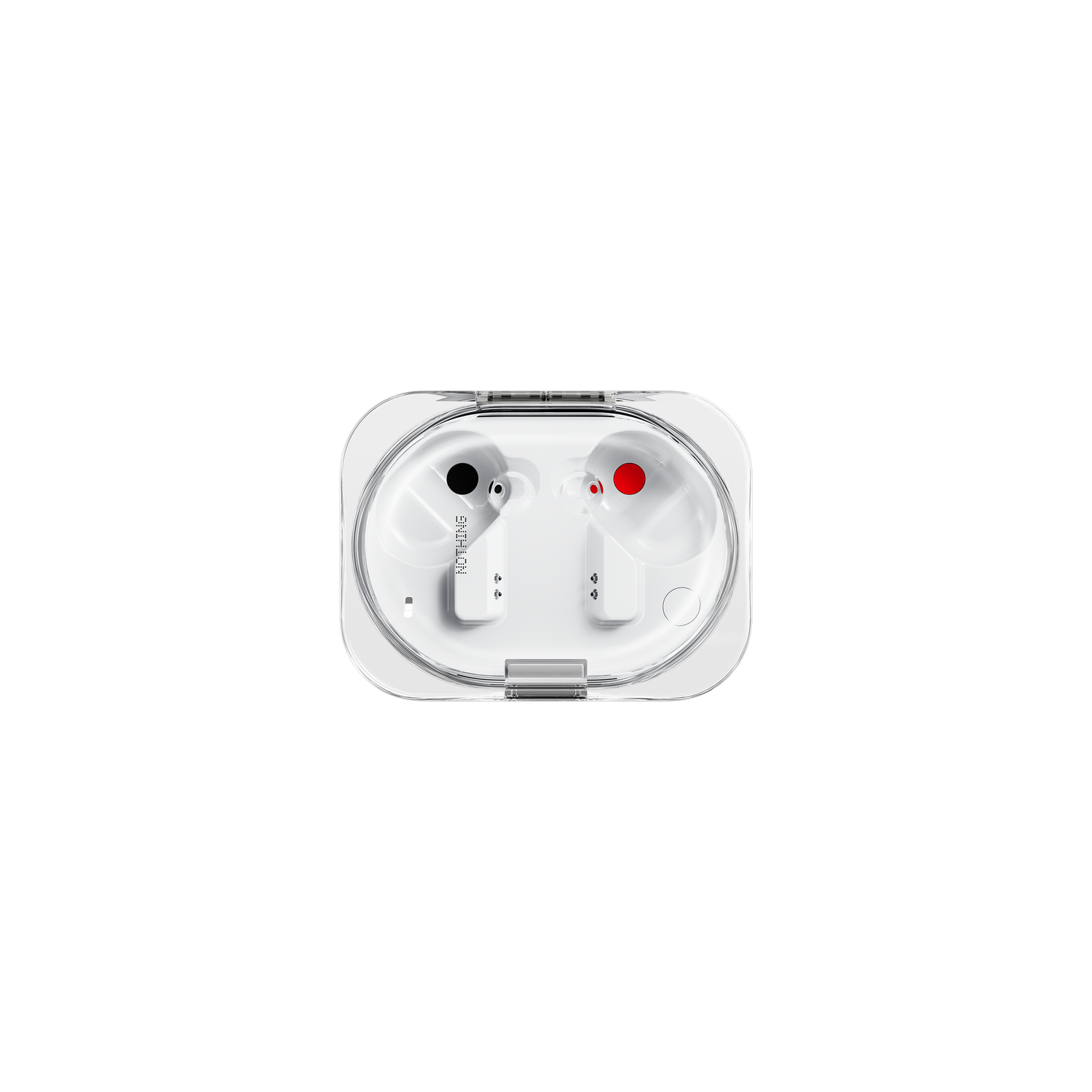 Auriculares blancos con detalles rojos y negros en un estuche de carga transparente, vista superior.