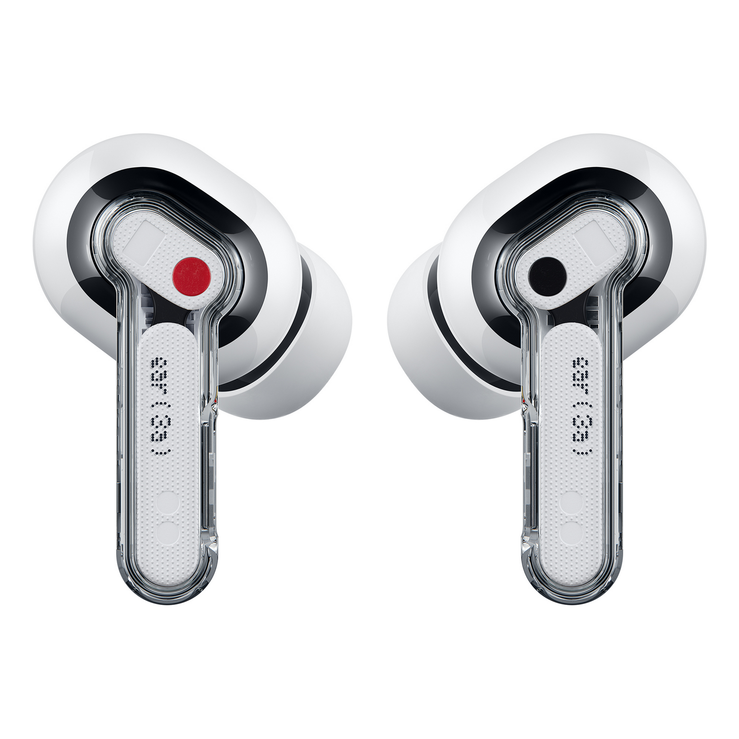 Dos auriculares blancos con tallos transparentes y detalles negros sobre fondo blanco.