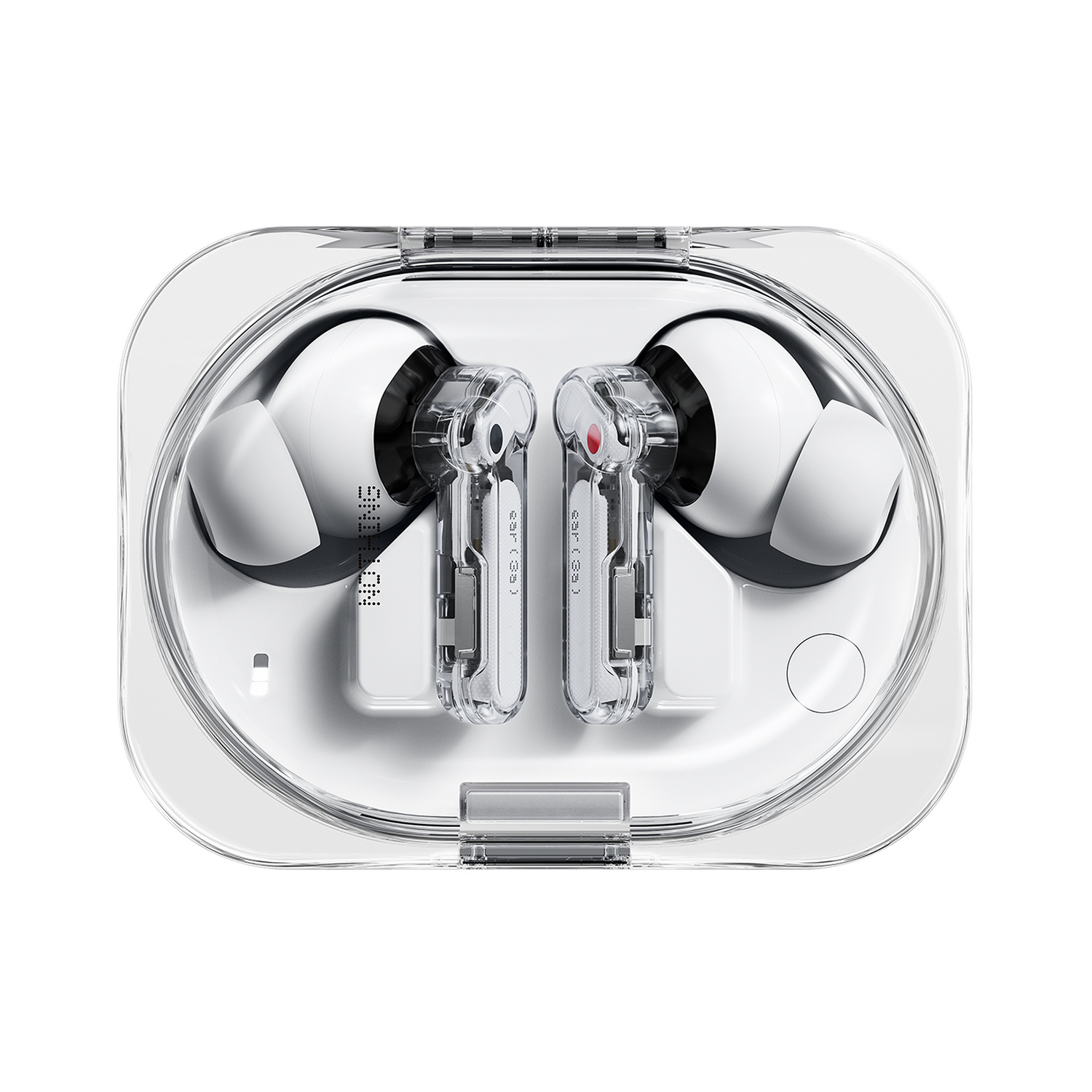 Auriculares inalámbricos blancos en un estuche de carga transparente.