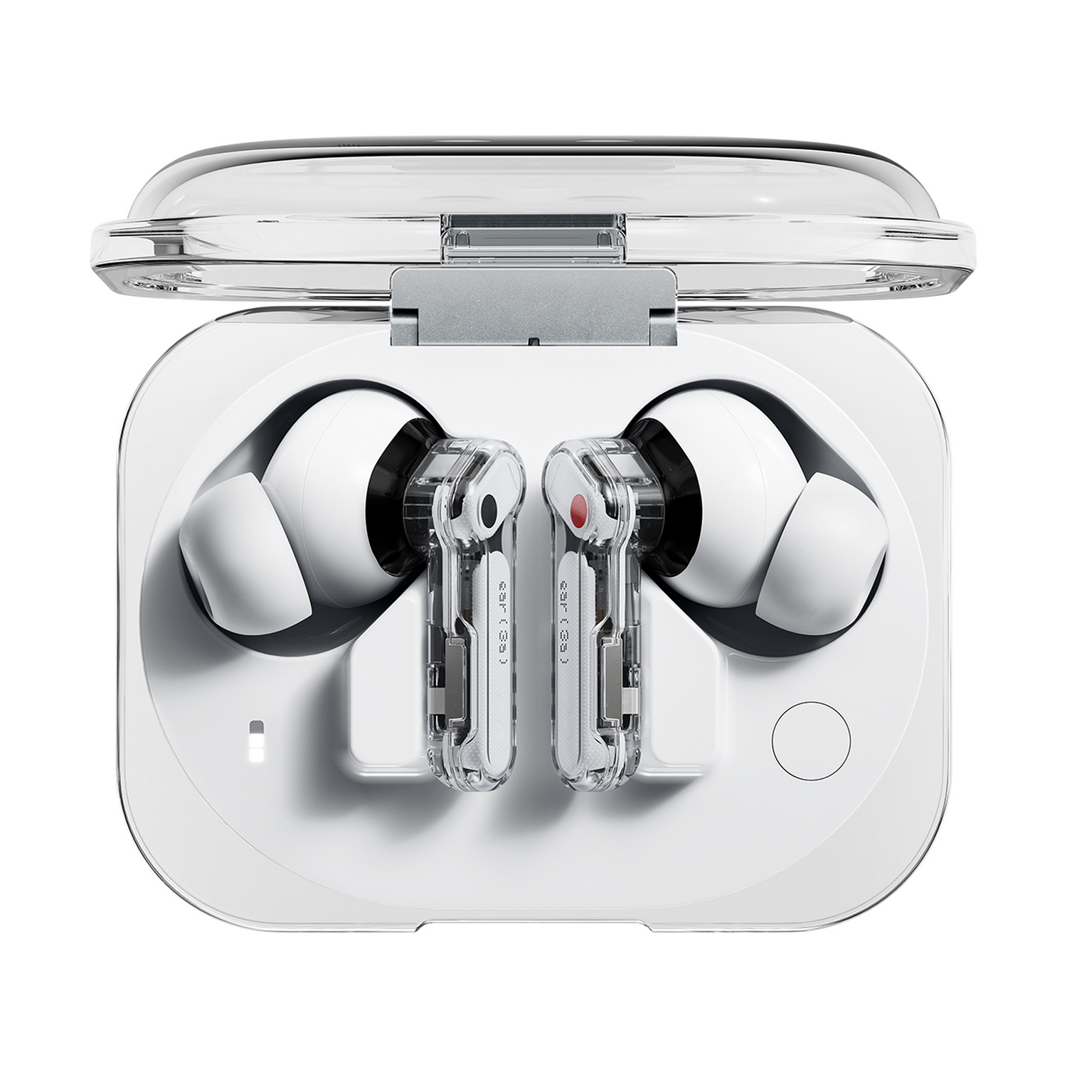 Auriculares blancos en un estuche transparente con la tapa abierta.