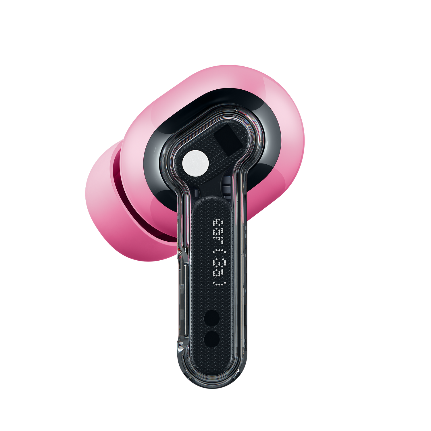 Un audífono rosa con funda transparente y electrónica visible.