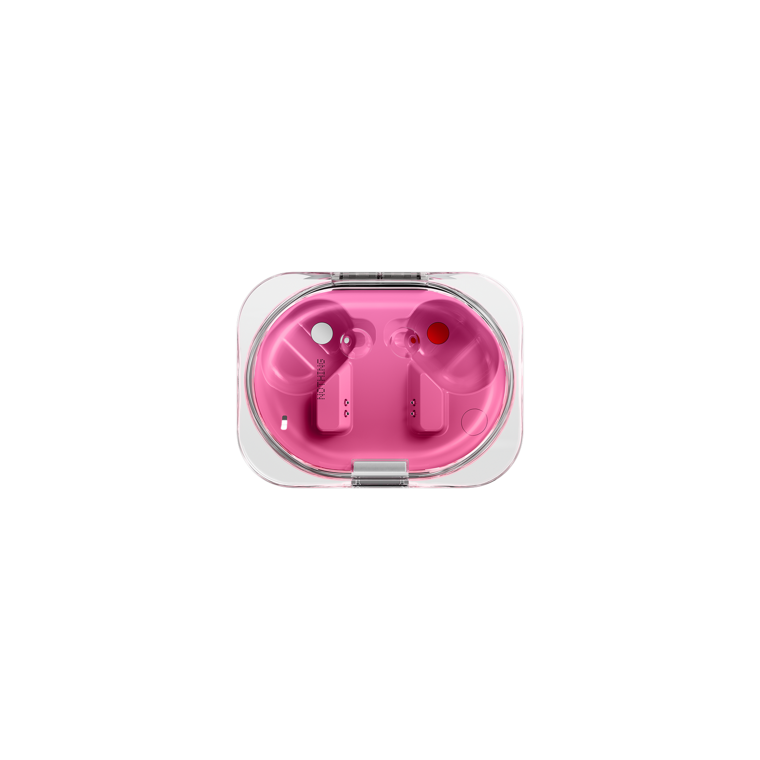 Un estuche de carga rosa con auriculares inalámbricos blancos y rojos
