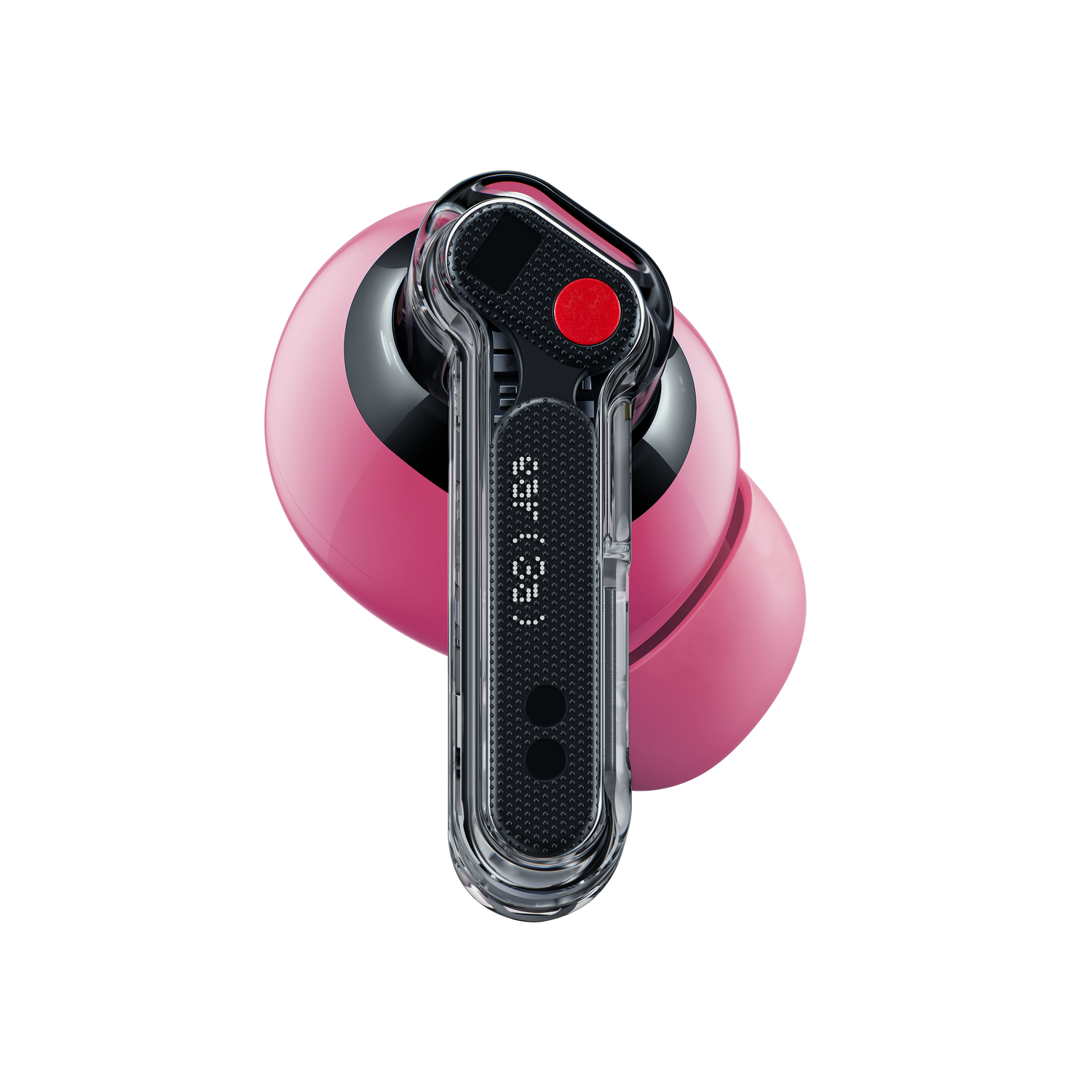 Un audífono rosa con vástago transparente, botón rojo y agarre texturizado.
