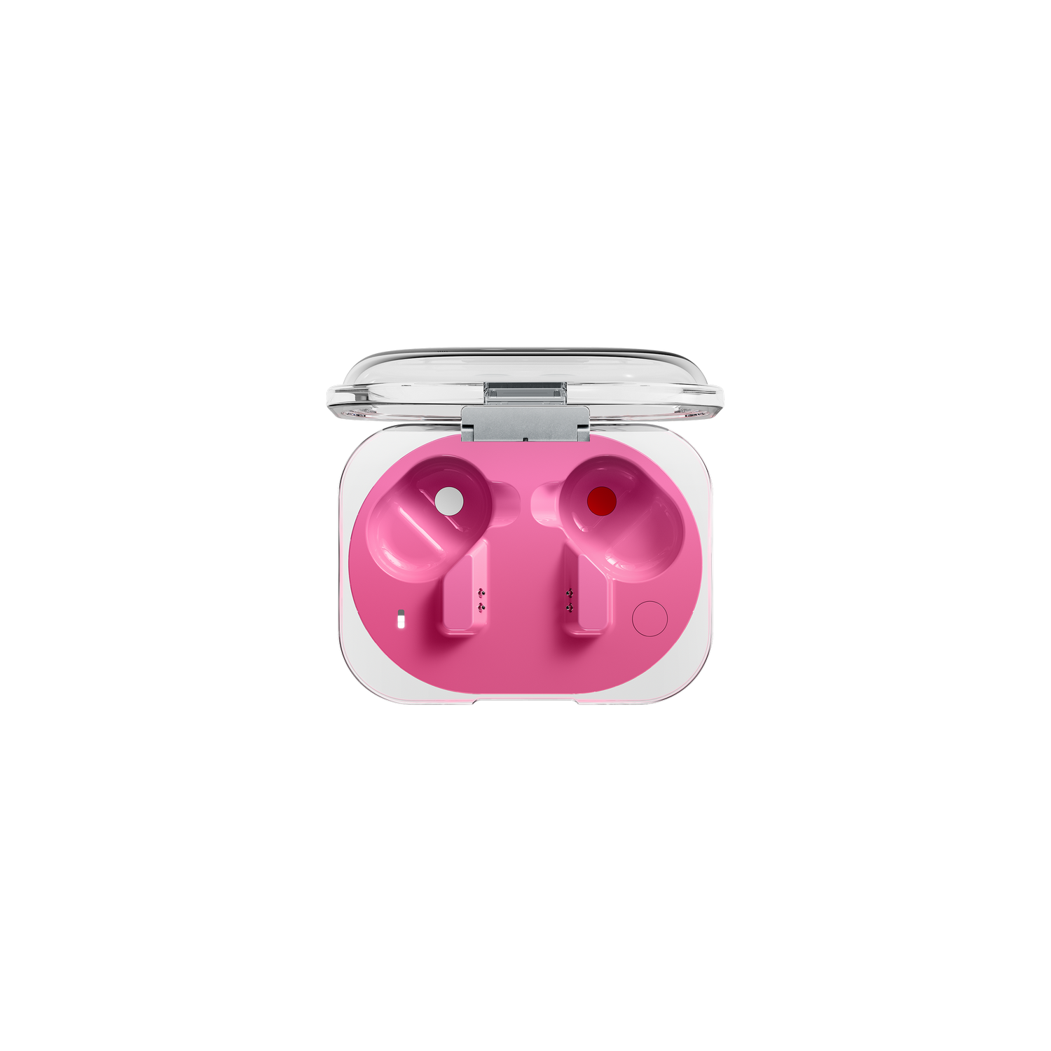 Un estuche de carga rosa para auriculares inalámbricos con tapa transparente.