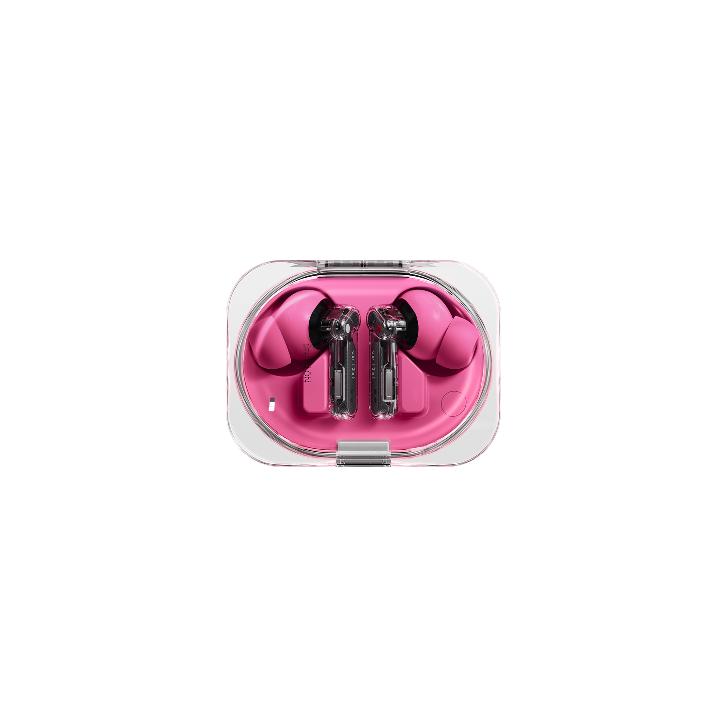 Auriculares inalámbricos rosas en un estuche de carga transparente, vistos desde arriba.