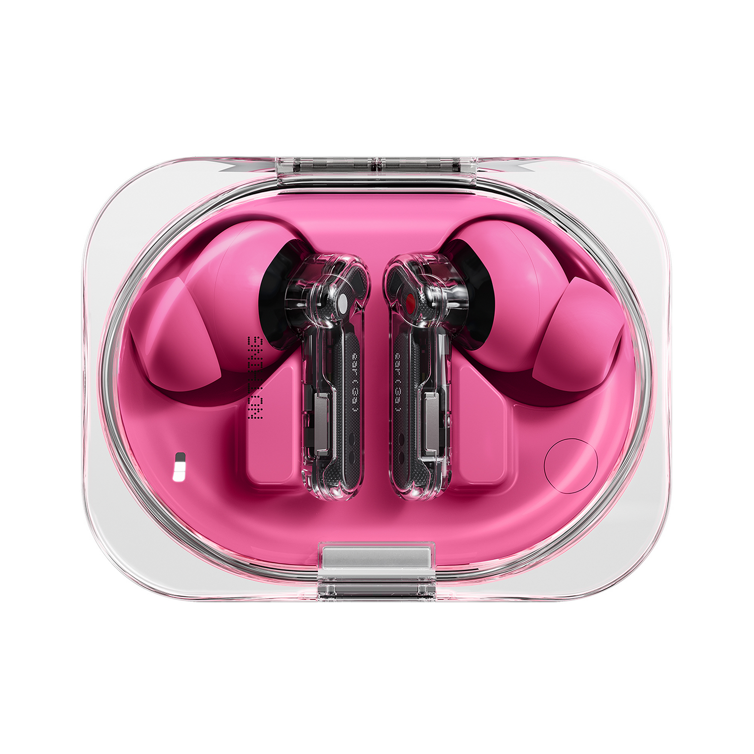 Funda de carga transparente con auriculares rosas y cierre plateado.