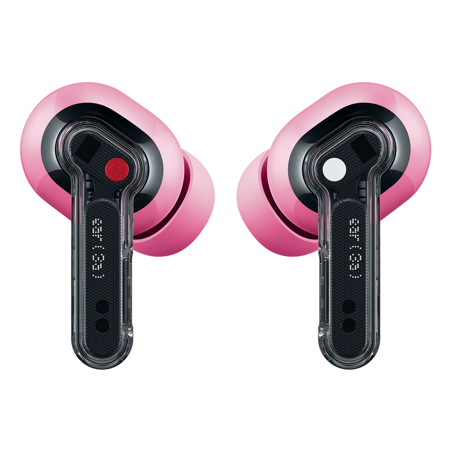 Dos auriculares inalámbricos rosas con tallos transparentes y detalles negros.