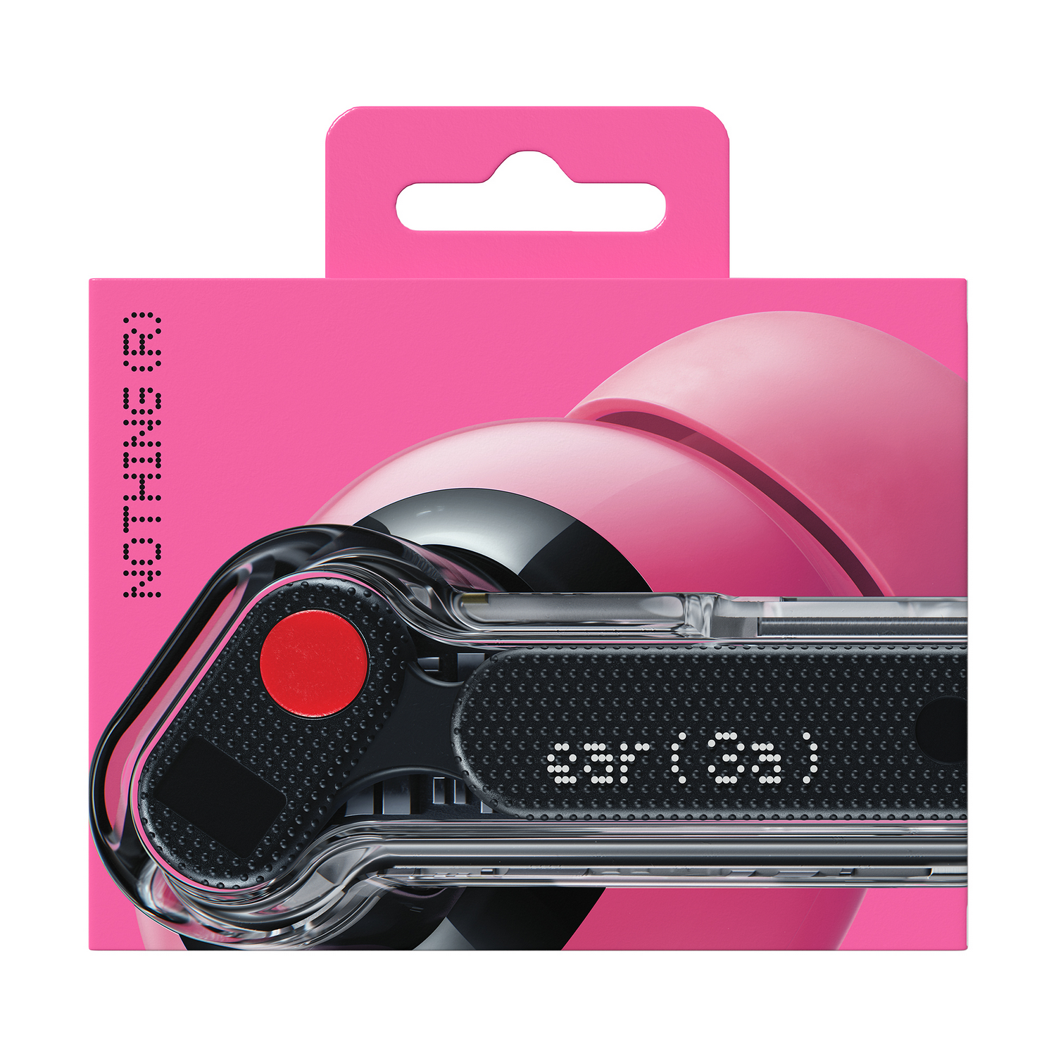 Embalaje rosa y negro con auriculares. Texto "ear (2)" en el frente.