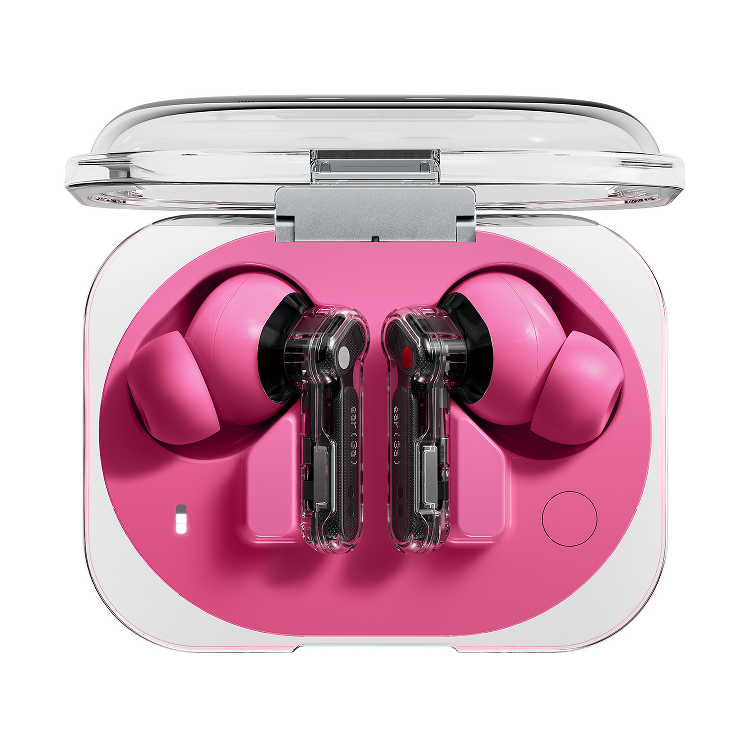 Auriculares rosas en un estuche de carga transparente con la tapa abierta.