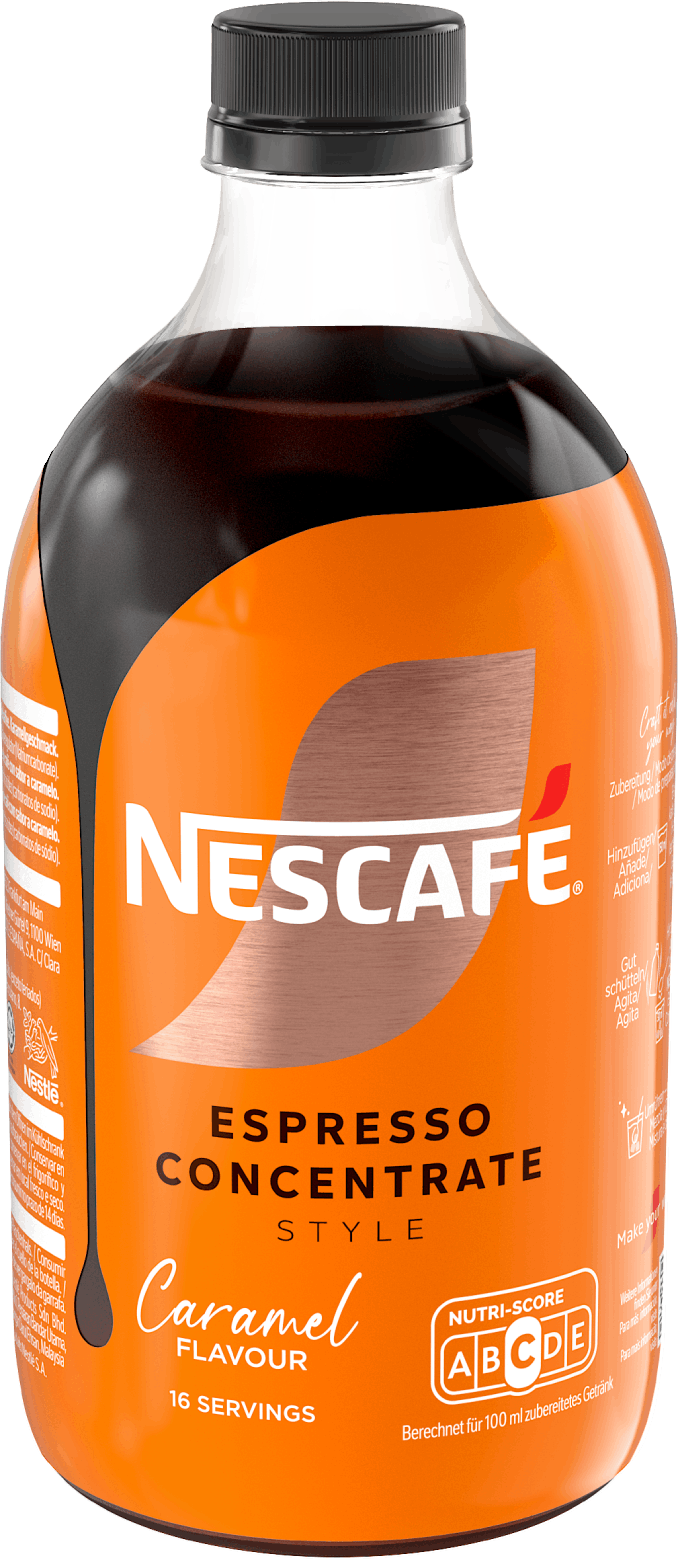 Una botella de Nescafé Espresso Concentrate Caramel Flavour con tapa negra.
