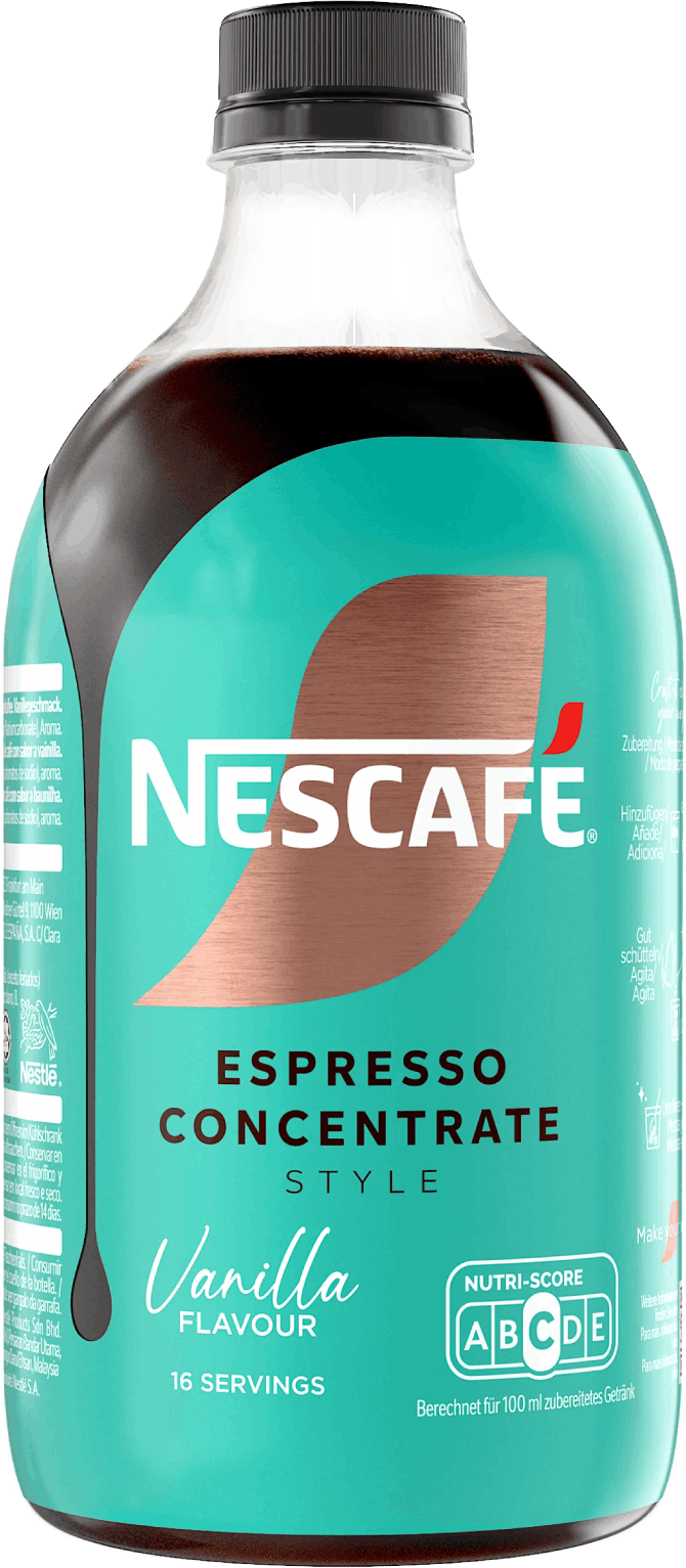 Una botella de Nescafé Espresso Concentrate Vanilla Style con Nutri-Score.