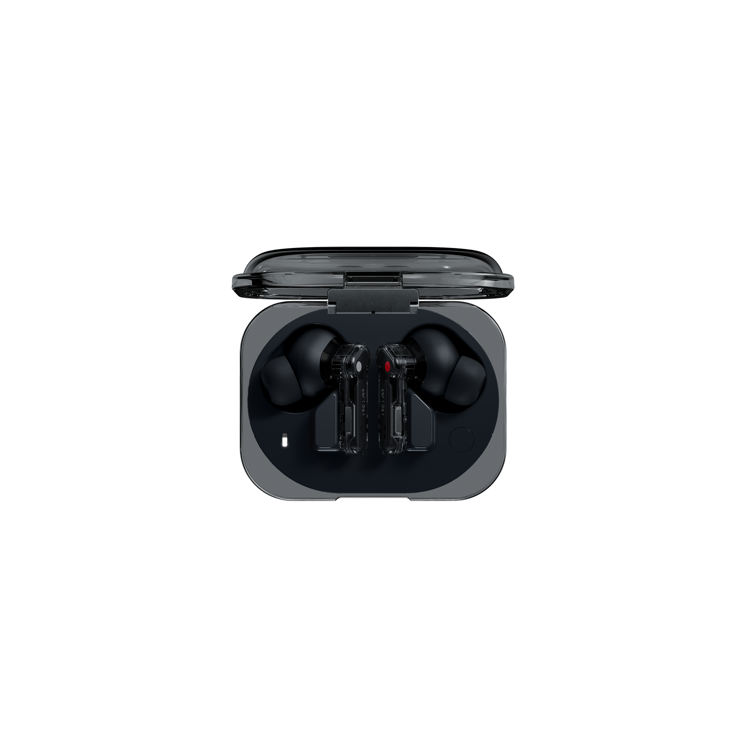 Auriculares inalámbricos negros dentro de un estuche de carga transparente.