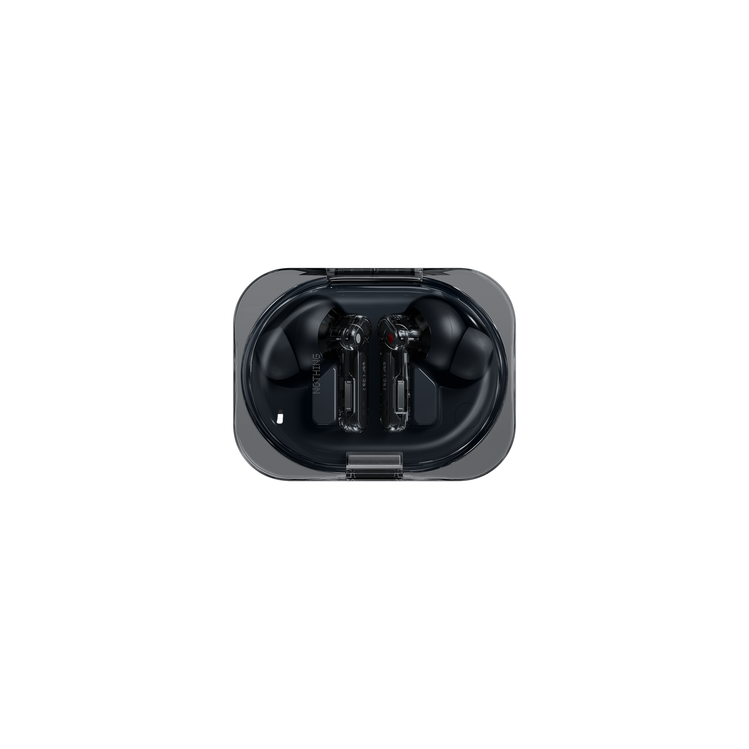Auriculares inalámbricos negros en un estuche de carga transparente.