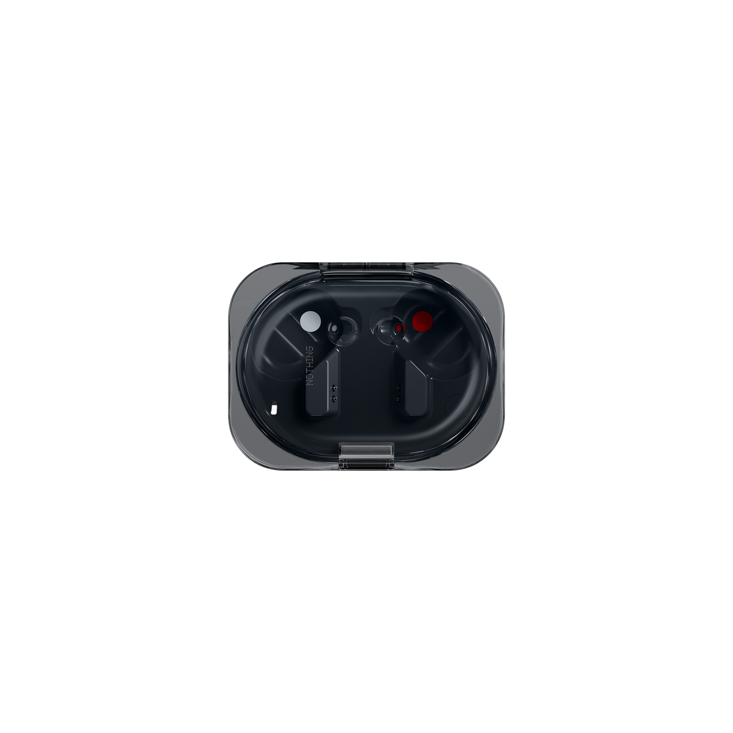 Un estuche de carga transparente con auriculares negros, un acento blanco y uno rojo.