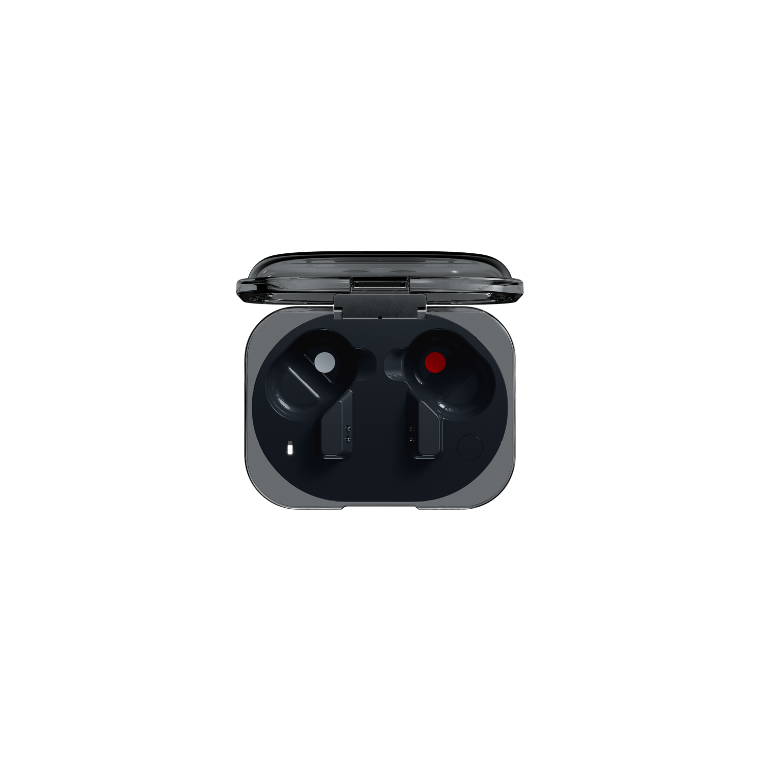 Auriculares inalámbricos en un estuche de carga. Se ven puntos blanco y rojo.