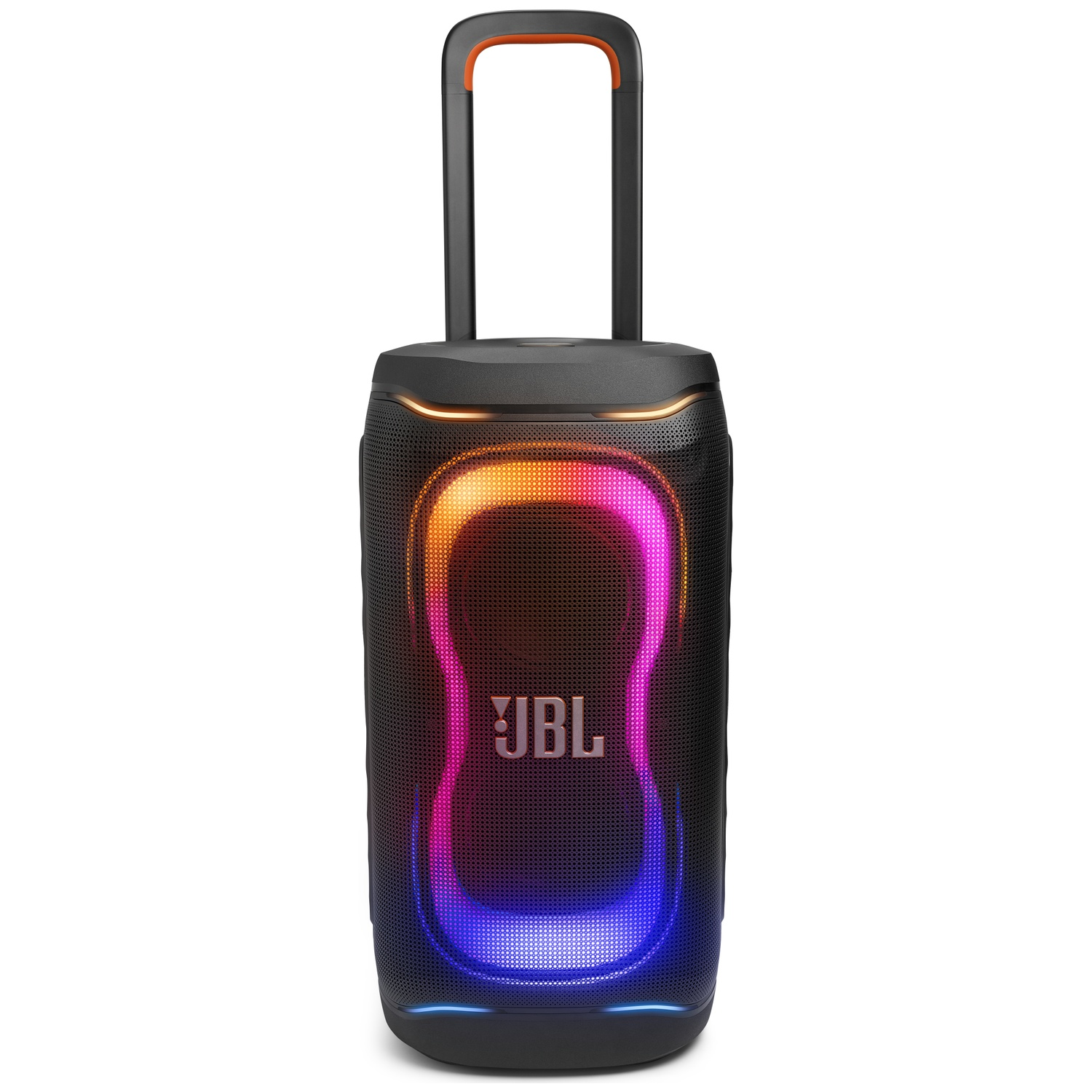 Zwarte JBL speaker met oranje handvat en kleurrijke LED-verlichting.