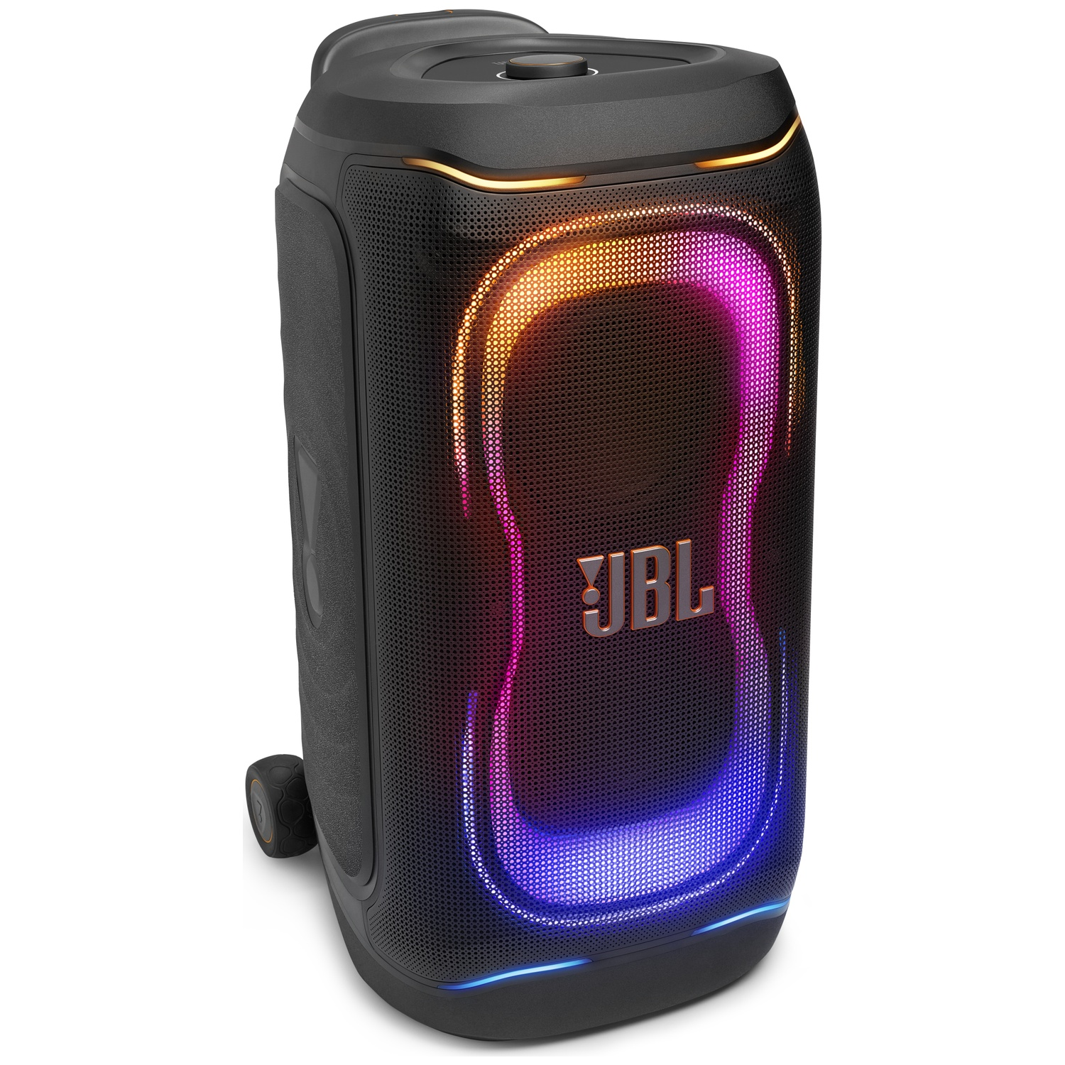 Zwarte JBL speaker met kleurrijke pulserende lichten en wielen.