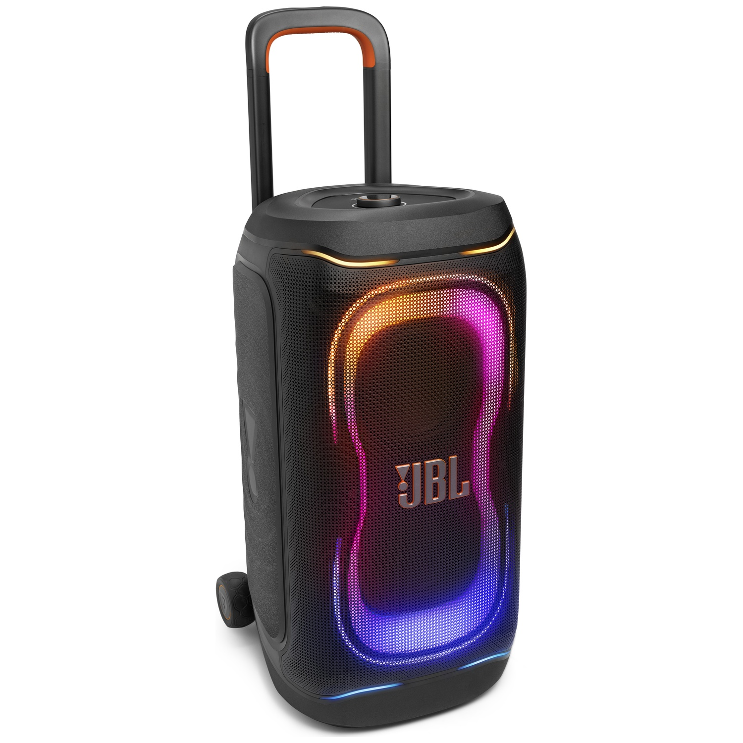 Zwarte JBL speaker met wielen en uitschuifbaar handvat, verlicht.