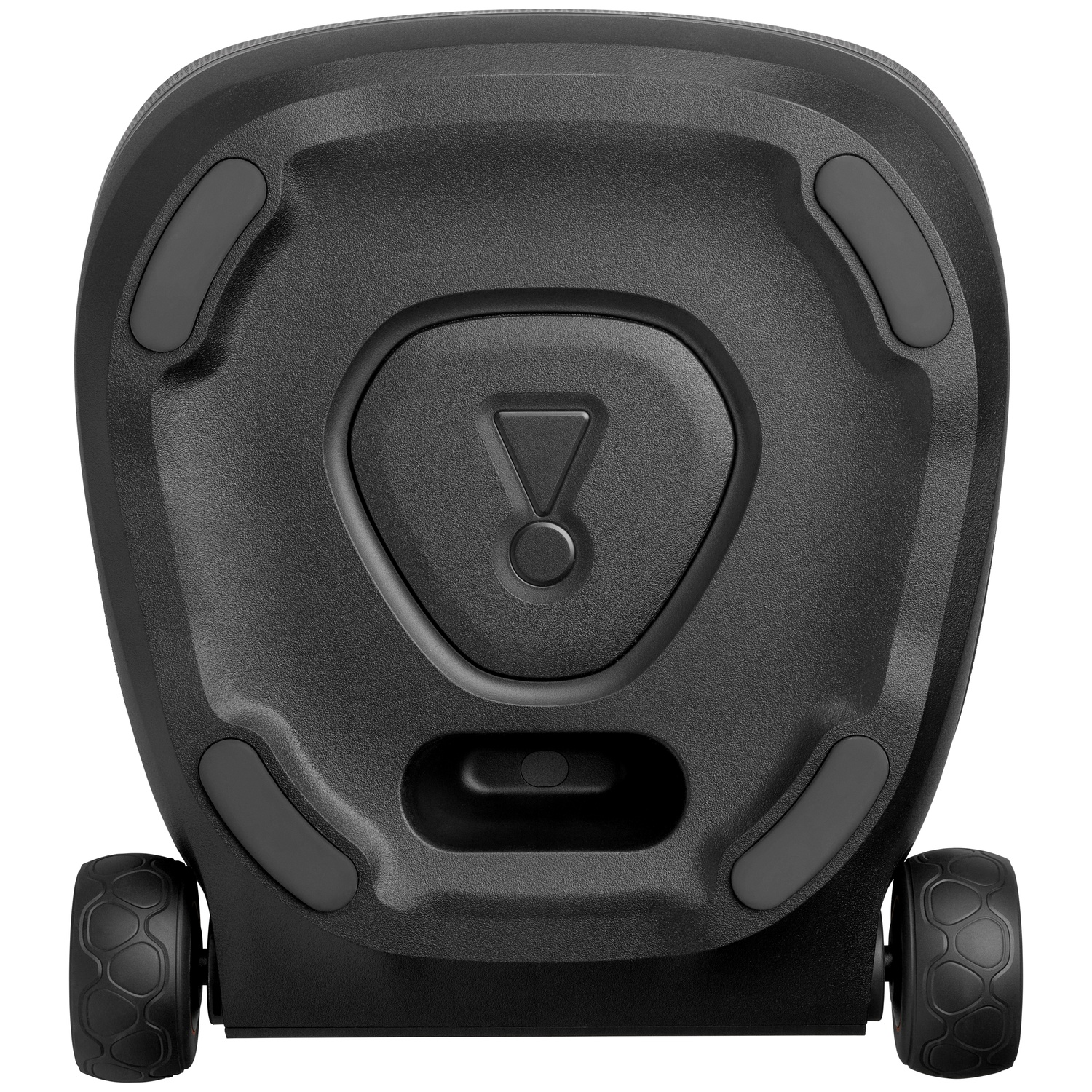 Zwarte luidspreker met wielen en logo. Rubberen noppen voor stabiliteit.