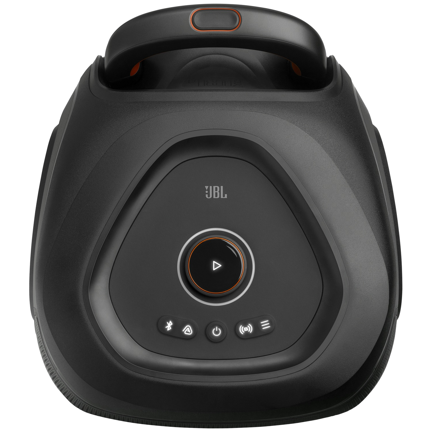 Zwarte JBL-luidspreker met handvat en bedieningspaneel met afspeelknop.