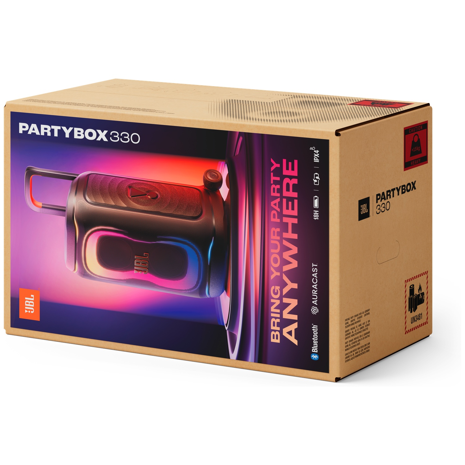De verpakking van de JBL Partybox 330 luidspreker, met kleurrijke lichten en handvat.