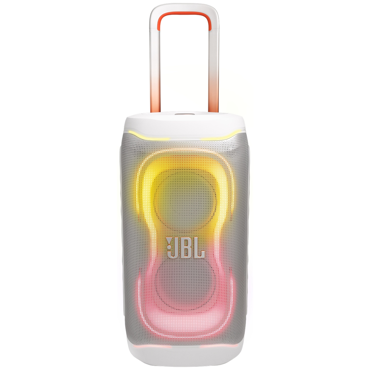 Een witte JBL luidspreker met handvat en gekleurde lichten.