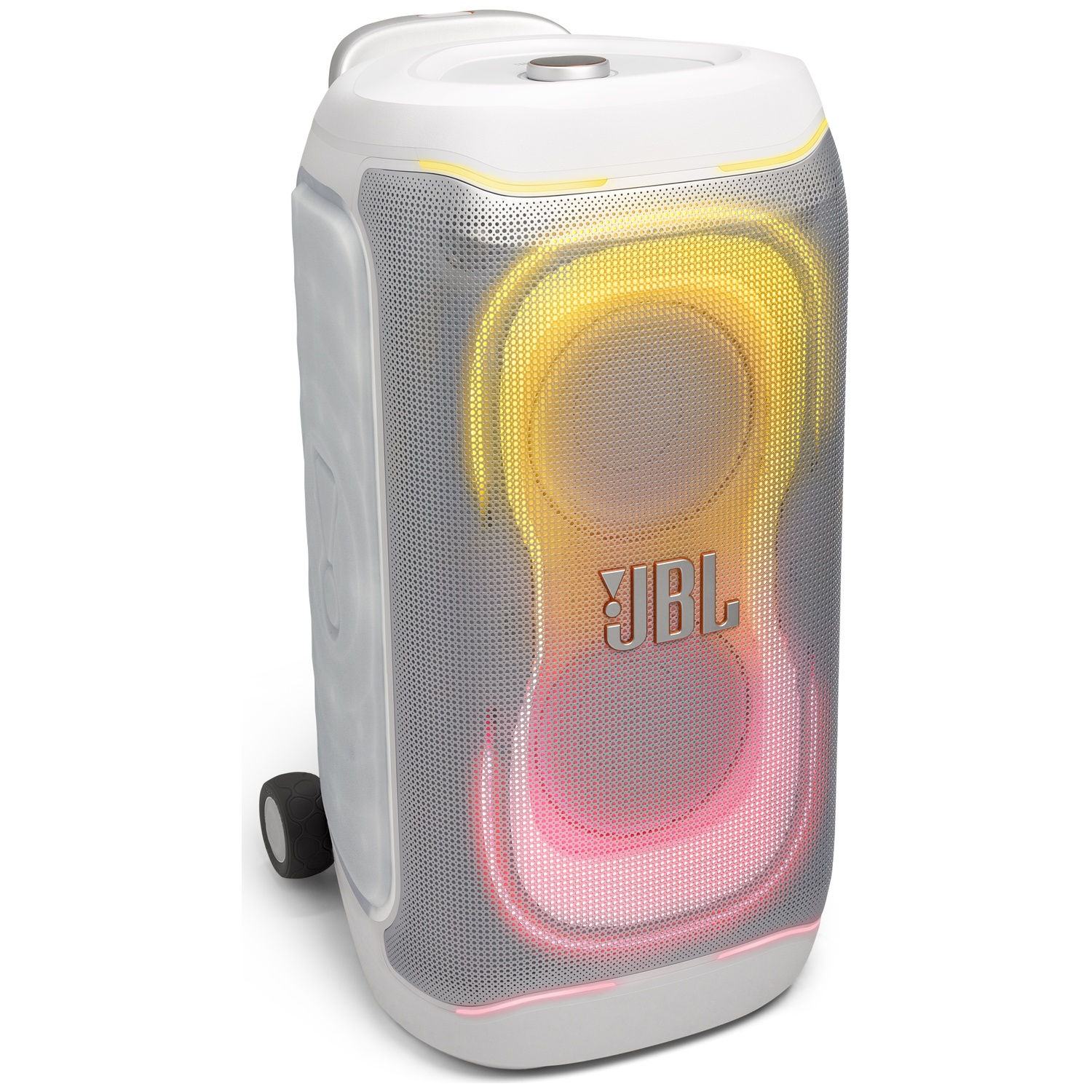 Witte JBL speaker met gekleurde lichten en een wiel aan de zijkant.