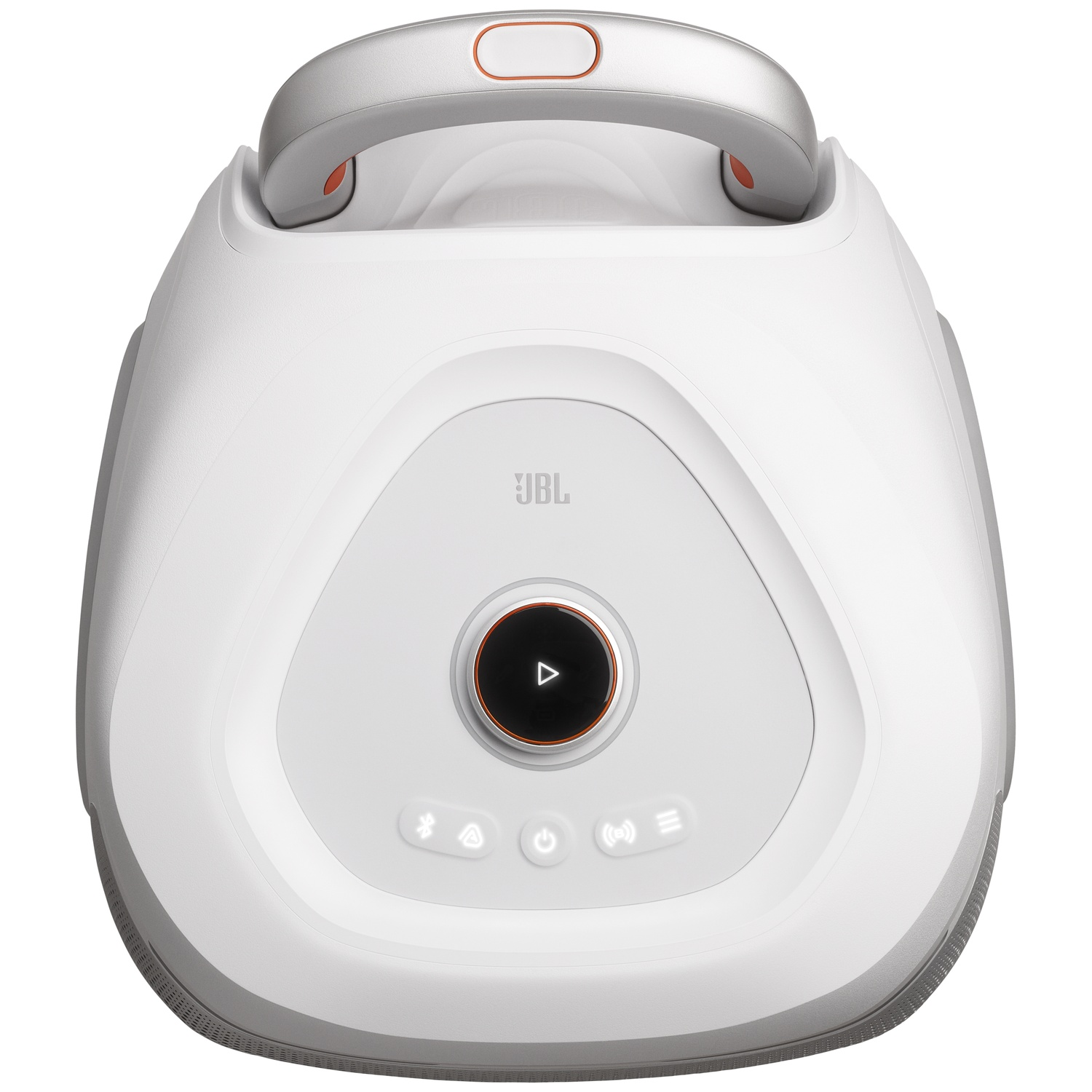 Een witte JBL speaker met handvat en bedieningsknoppen.