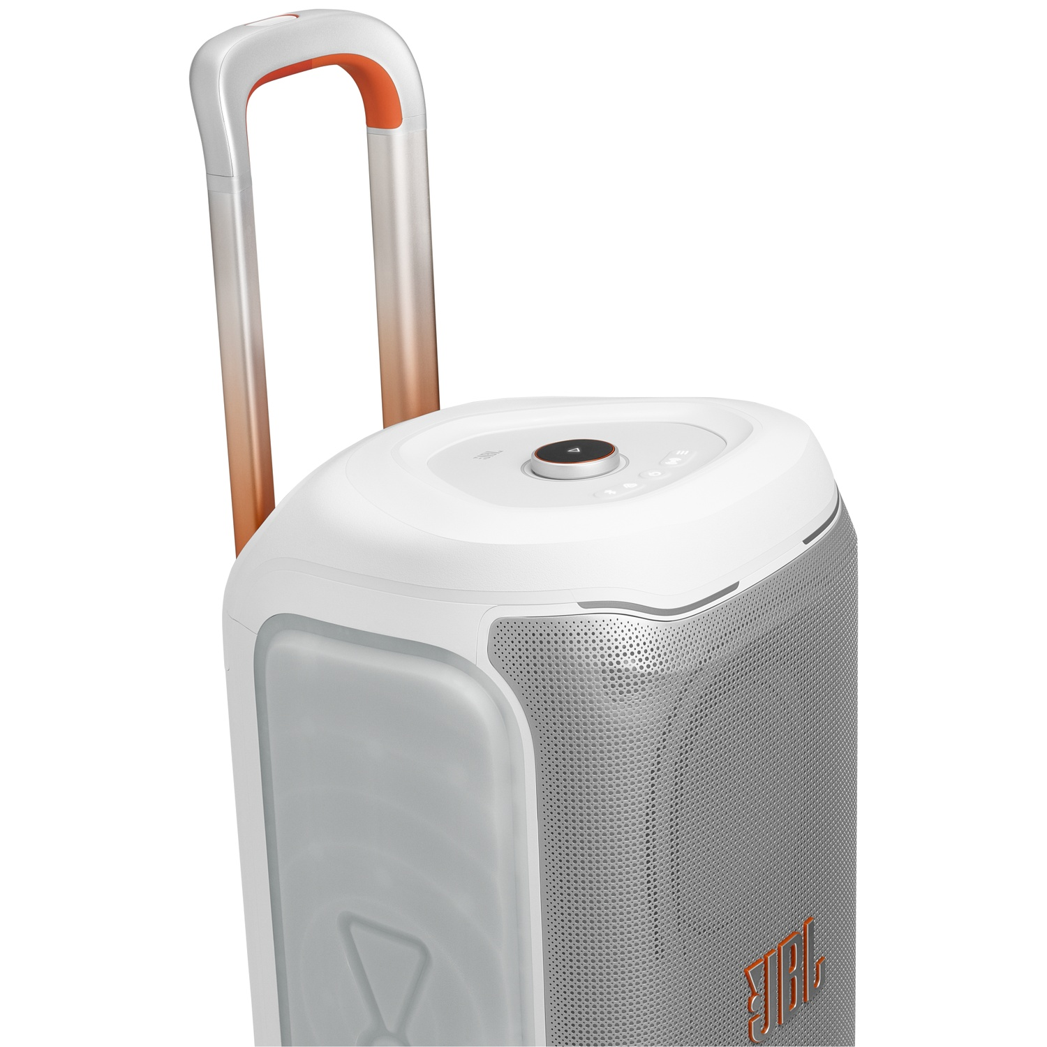 Een witte en grijze JBL-luidspreker met een uitschuifbaar handvat en oranje accenten.